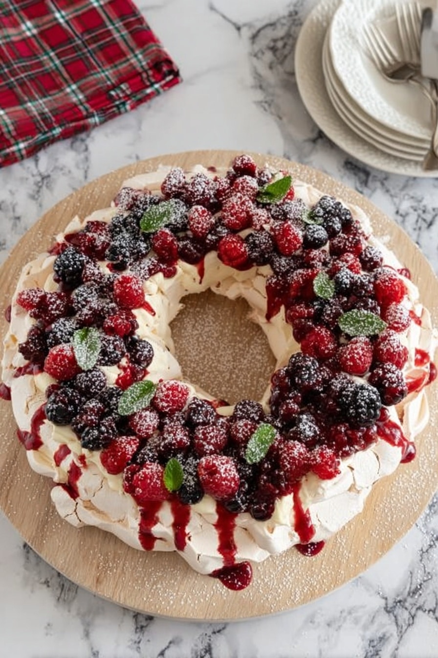 A round pavlova wreath on a light wooden board with two visible layers: the bottom layer is thick, white and fluffy meringue with a slightly cracked surface, shaped into a ring; the top layer is a mix of red raspberries, dark blackberries, and small green mint leaves scattered evenly over the meringue. There is a red berry sauce drizzled across the top, pooling slightly on the board, with a dusting of white powdered sugar covering the berries and meringue. The background is a white marbled surface with a couple of white plates with red plaid patterns and a silver fork visible in the upper right corner. Photo taken with an iphone --ar 2:3 --v 7 - Festive Christmas Pavlova Wreath, Christmas Pavlova, Holiday Pavlova Dessert, Christmas Meringue Wreath, Festive Holiday Dessert