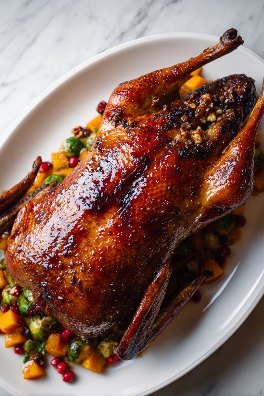 A whole roasted chicken with a shiny, deep golden-brown and slightly blackened skin is placed on a white plate. The chicken is stuffed with nuts and herbs, visible at the open cavity. Around the chicken, there is a colorful mix of roasted vegetables including orange cubes of squash, green Brussels sprouts, and some red berries scattered in between. The texture of the chicken skin looks crispy and glazed, contrasting with the soft, roasted vegetables surrounding it. The white marbled surface underneath adds a clean and bright background to the rich, warm colors. photo taken with an iphone --ar 2:3 --v 7 - Roast Duck with Honey Balsamic Glaze, honey balsamic glazed duck, crispy skin roast duck, elegant duck dinner, festive duck recipes