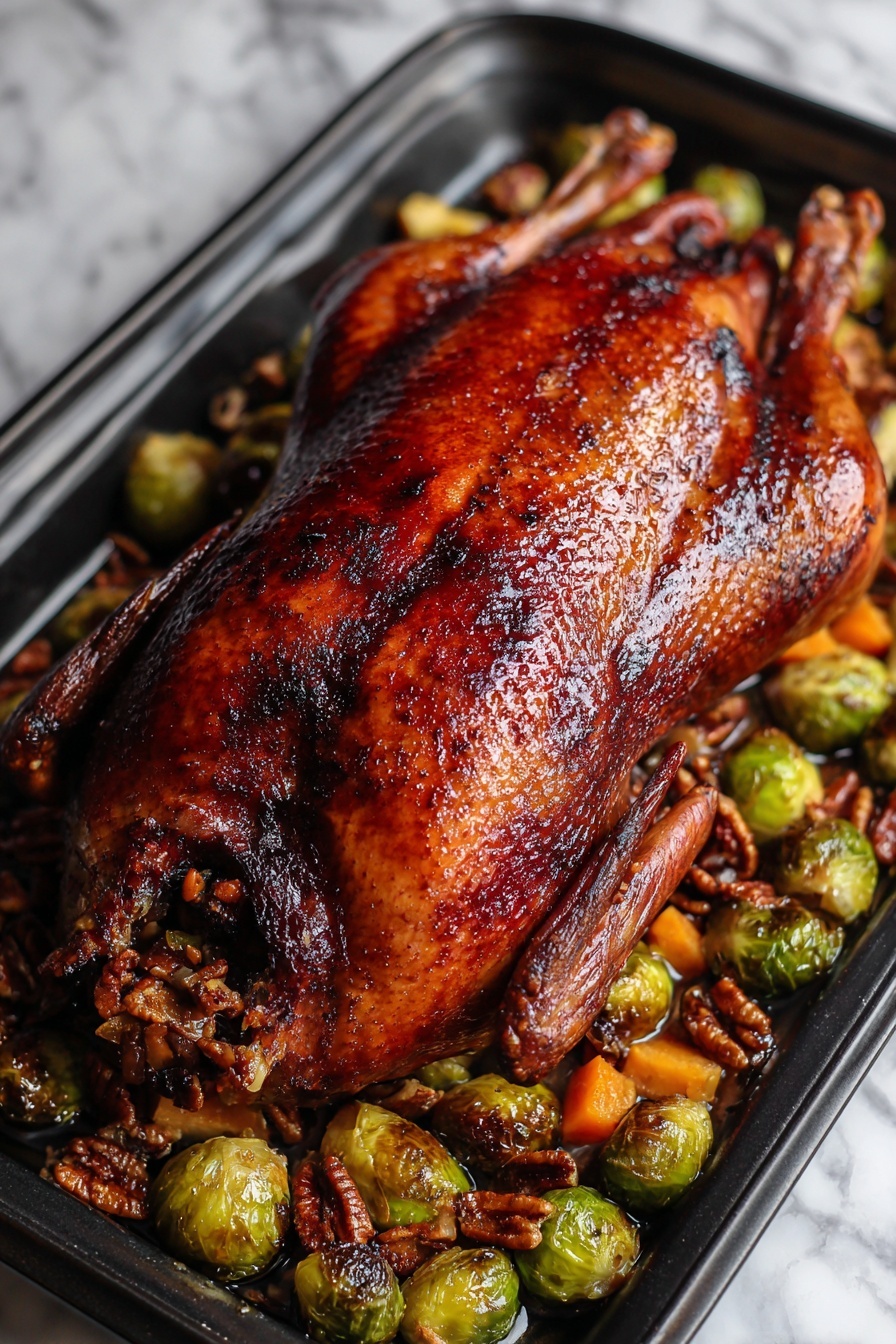 A whole roasted bird with a shiny, deep golden-brown and slightly charred skin, showing a crispy texture on the surface. The bird is stuffed and wrapped nicely, with pecans visible at the opening near the legs. It sits on a black tray surrounded by roasted brussels sprouts, pecans, and diced orange vegetables, all caramelized and slightly charred. The background is a white marbled texture. photo taken with an iphone --ar 2:3 --v 7 - Roast Duck with Honey Balsamic Glaze, honey balsamic glazed duck, crispy skin roast duck, elegant duck dinner, festive duck recipes