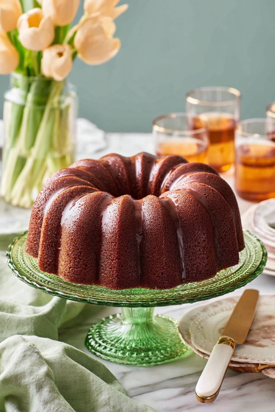 A large round bundt cake with a deep brown color sits on a green glass cake stand with a decorative base. The cake has a shiny glaze coating it, highlighting its ridged pattern. The setup is on a white marbled surface with a soft green cloth folded nearby. In the background, there is a clear vase holding three beige tulip flowers and two glasses filled with an amber-colored drink. A white-handled gold knife is placed beside the cake stand. Photo taken with an iphone --ar 2:3 --v 7 - Moist Rum Cake, rum cake recipe, boozy dessert, moist cake with rum, easy rum cake