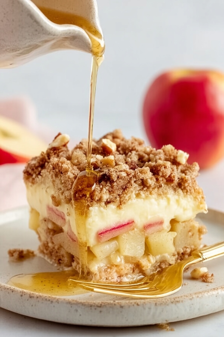 The image shows a piece of apple dessert on a small, white plate on a white marbled surface. The dessert has three visible layers: the bottom layer consists of soft, light yellow baked apple chunks mixed with a creamy custard base; the middle layer is a thick, smooth creamy custard filling with some pink apple pieces visible; the top layer is a textured brown crumb topping with small nut pieces. A golden syrup is being poured over the dessert, creating a glossy shine. A gold fork rests on the plate beside the dessert, and a whole apple blurred in the background adds warmth to the scene. A woman's hand is about to lift the fork. photo taken with an iphone --ar 2:3 --v 7 - Crispy French Toast with Honey, French Toast recipes, Breakfast ideas, Easy French toast, Honey French toast