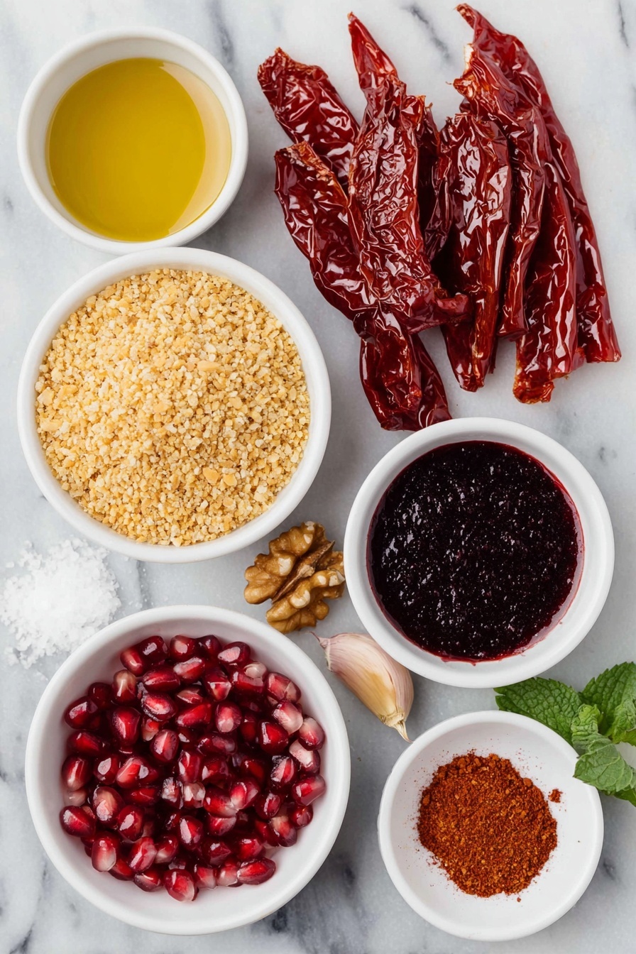 Flat lay of a handful of fresh, torn roasted red bell peppers, a small pile of whole walnuts, a small white ceramic bowl filled with fine golden-brown toasted breadcrumbs, a single uncracked brown garlic clove, a small white ceramic bowl of golden extra virgin olive oil, a small white ceramic bowl of deep ruby-red pomegranate molasses, a small white ceramic bowl with freshly squeezed lemon juice, a small white ceramic bowl containing bright red Aleppo pepper flakes, a small white ceramic bowl with light brown ground cumin powder, a few grains of coarse kosher salt scattered neatly, a small handful of fresh green mint leaves, and a scattering of jewel-like pomegranate seeds, all arranged in perfect symmetry on a clean white marble surface, soft natural light, photo taken with an iPhone, professional food photography style, fresh ingredients, white ceramic bowls, no bottles, no duplicates, no utensils, no packaging --ar 2:3 --v 7 --p m7354615311229779997 - Easy Muhammara Roasted Red Pepper Dip, roasted red pepper dip, Muhammara dip, spicy walnut dip, Middle Eastern appetizer