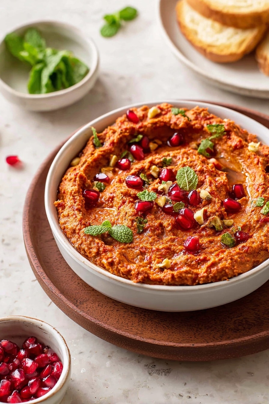A white bowl filled with a thick, reddish-orange spread that has a coarse texture, swirled gently on top. Scattered over the spread are small bright red pomegranate seeds, green mint leaves, and small bits of light brown nuts. The bowl sits on a dark wooden plate placed on a white marbled surface. Nearby, there are two small white bowls, one with fresh green mint leaves and the other with more pomegranate seeds. In the background, pieces of light brown bread rest on a white plate. Photo taken with an iphone --ar 2:3 --v 7 - Easy Muhammara Roasted Red Pepper Dip, roasted red pepper dip, Muhammara dip, spicy walnut dip, Middle Eastern appetizer