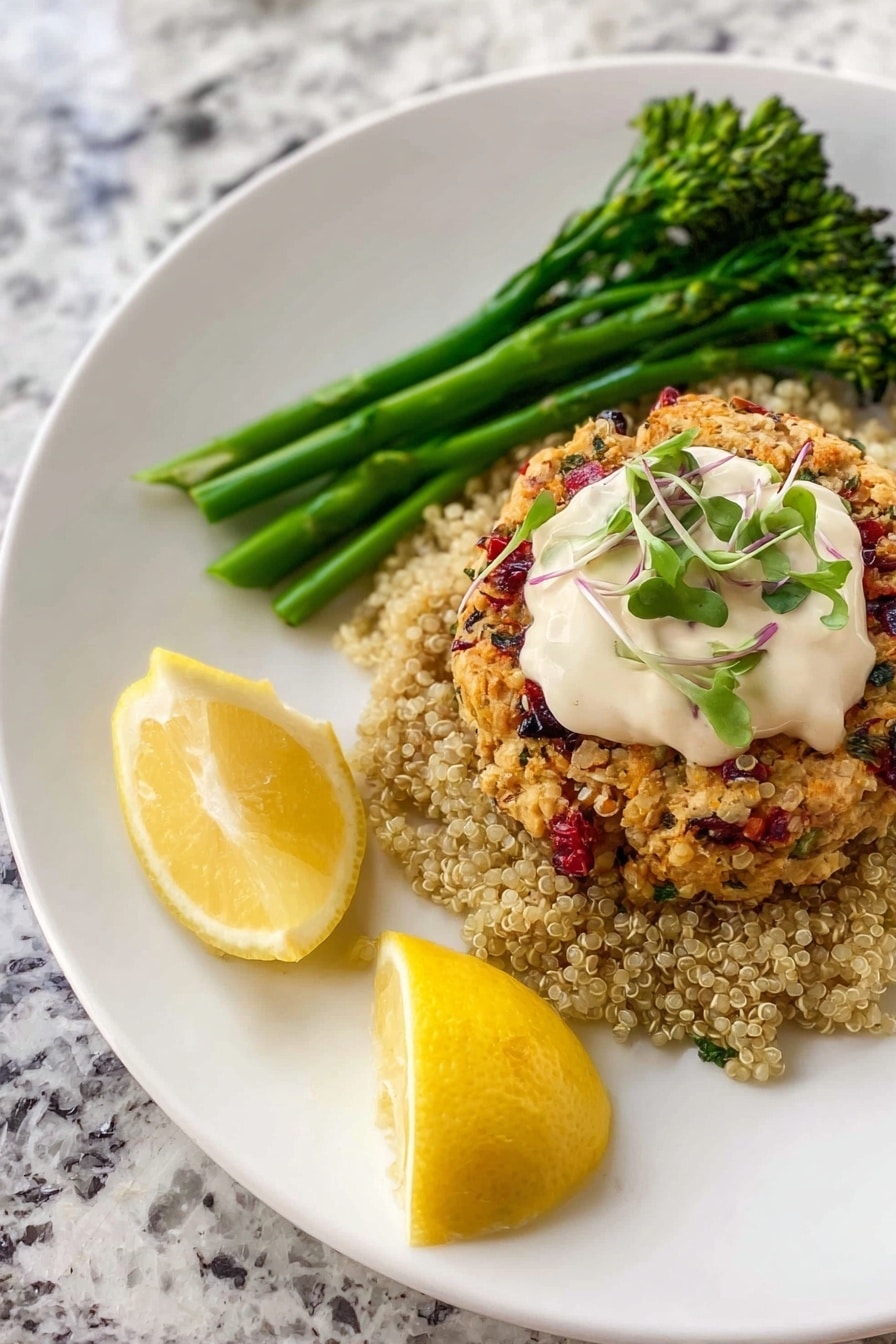 Two round patties with a golden brown, slightly crispy texture are placed stacked slightly off-center on a white plate. The patties have small bits of red and black seasoning mixed in, giving a colorful, speckled look. On top of the patties, there is a small bunch of fresh green microgreens adding a fresh contrast. Around the plate, there are two lemon wedges at the upper right and lower right edges and several small sprigs of green herbs scattered on the white marbled background. The photo taken with an iphone --ar 2:3 --v 7 - Hearts of Palm Crab Cakes, plant-based crab cakes, vegan seafood alternative, easy crab cake recipe, healthy crab cake recipe