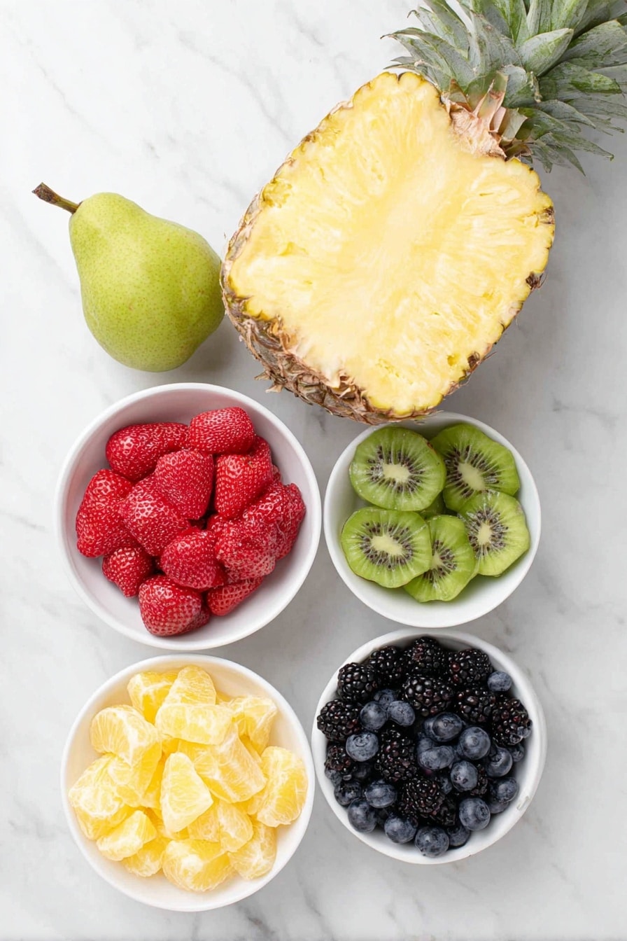 Flat lay of a whole fresh pineapple with top and bottom cut off revealing bright yellow flesh, a ripe green pear standing upright with smooth skin, a small cluster of shiny green grapes, a handful of plump blackberries, a small pile of vibrant red strawberries both whole and halved, three kiwi fruits sliced into green star shapes with black seeds, peeled and segmented bright orange clementines arranged neatly, a small heap of fresh deep blue blueberries, and a few sprigs of bright green mint leaves, all displayed on simple white ceramic bowls and plates in perfect symmetry, placed on a clean white marble surface, soft natural light, photo taken with an iPhone, professional food photography style, fresh ingredients, white ceramic bowls, no bottles, no duplicates, no utensils, no packaging --ar 2:3 --v 7 --p m7354615311229779997 - Festive Fruit Christmas Tree, healthy holiday appetizers, Christmas fruit display, easy holiday snacks, colorful Xmas fruit centerpiece