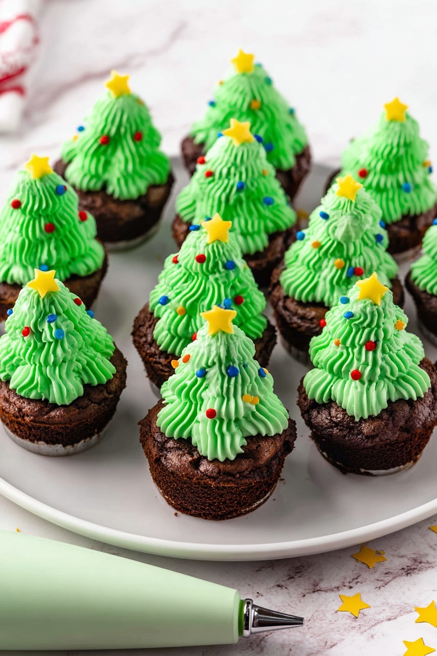 The image shows a white plate with twelve small chocolate cupcakes arranged closely together. Each cupcake has three layers: the base is a dark brown chocolate cupcake with a slightly cracked top texture, the second layer is a thick swirl of bright green frosting shaped like a Christmas tree with ridges and peaks, and the third layer is a small yellow star decoration on top of each frosting tree. Some cupcakes have tiny round colorful sprinkles in red, blue, yellow, and green scattered on the frosting. The plate is placed on a white marbled surface, and in the front right corner of the image, a piping bag filled with green frosting is visible, with its metal tip pointing toward the cupcakes. Small star-shaped yellow sprinkles are scattered on the surface around the plate. Photo taken with an iphone --ar 2:3 --v 7 - Holiday Green Frosted Brownie Bites, festive brownie treats, Christmas brownie bites, green frosting brownie ideas, holiday party dessert recipes