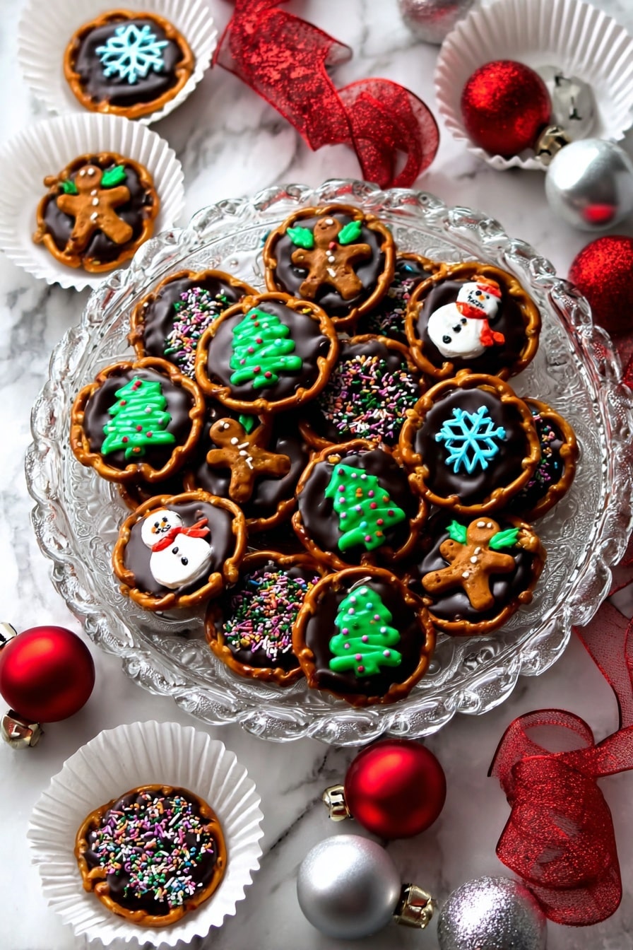 The image shows a clear glass plate with a decorative silver rim holding many round pretzel cookies topped with dark and green icing. Each cookie has a pretzel ring base, one layer of smooth icing in dark chocolate brown or green, and festive Christmas decorations like small snowmen, Christmas trees with multi-colored sprinkles, gingerbread men, holly with red berries, and blue snowflakes, all made of icing or candy. Around the plate, there are shiny red and silver Christmas balls and curled ribbons. Two white paper cupcake liners hold more of these decorated pretzel cookies nearby, all set on a white marbled surface. Photo taken with an iphone --ar 2:3 --v 7 - Easy Christmas Pretzel Snacks, Christmas Pretzel Snacks, Holiday Pretzel Treats, Festive Snack Ideas, Easy Holiday Party Snacks