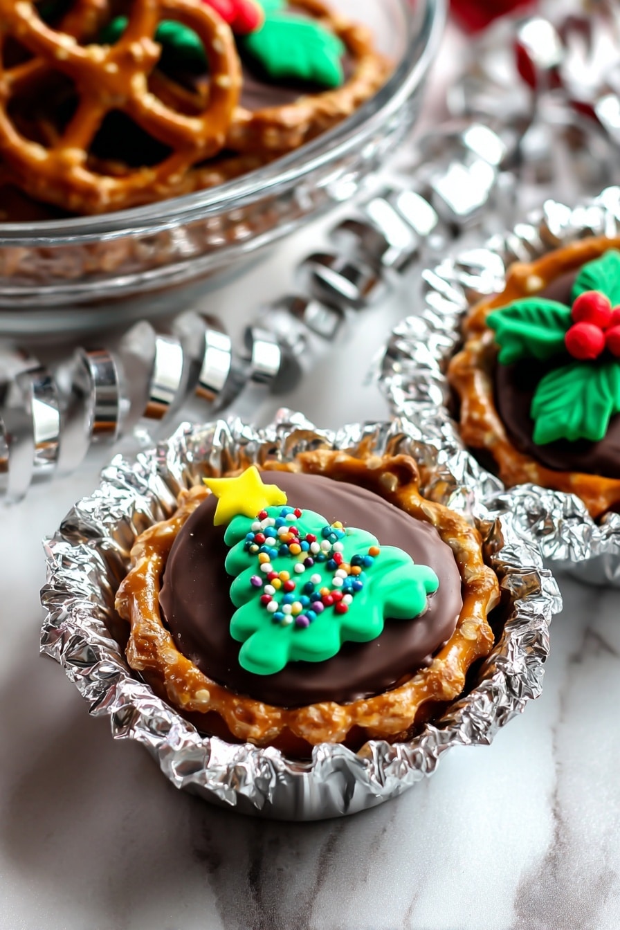 The image shows two small round treats inside a shiny silver foil cup placed on a white marbled surface. Each treat has a pretzel ring as the base layer in light brown with a slightly rough texture. Inside the pretzel ring is a smooth, colorful candy layer: one treat has a green candy with a raised Christmas tree shape made of small, round, multicolored sprinkles topped with a yellow star, while the other has a dark brown candy topped with green holly leaves and three red berry-like decorations. Behind the foil cup, there is a glass dish holding more of these treats, and silver ribbon curls add a festive touch. Photo taken with an iphone --ar 2:3 --v 7 - Easy Christmas Pretzel Snacks, Christmas Pretzel Snacks, Holiday Pretzel Treats, Festive Snack Ideas, Easy Holiday Party Snacks