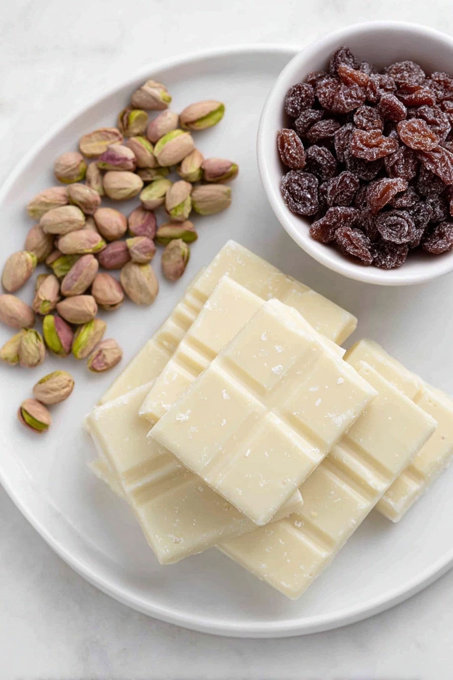 Flat lay of a smooth block of glossy white chocolate, a small white ceramic bowl filled with plump, shiny dried cranberries, and another small white ceramic bowl containing shelled, vibrant green pistachios with reddish-brown skins, arranged in perfect symmetry, placed on a clean white marble surface, soft natural light, photo taken with an iPhone, professional food photography style, fresh ingredients, white ceramic bowls, no bottles, no duplicates, no utensils, no packaging --ar 2:3 --v 7 --p m7354615311229779997 - Cranberry Pistachio White Chocolate Bark, holiday white chocolate bark, easy festive treats, quick dessert recipes, crunchy white chocolate snacks