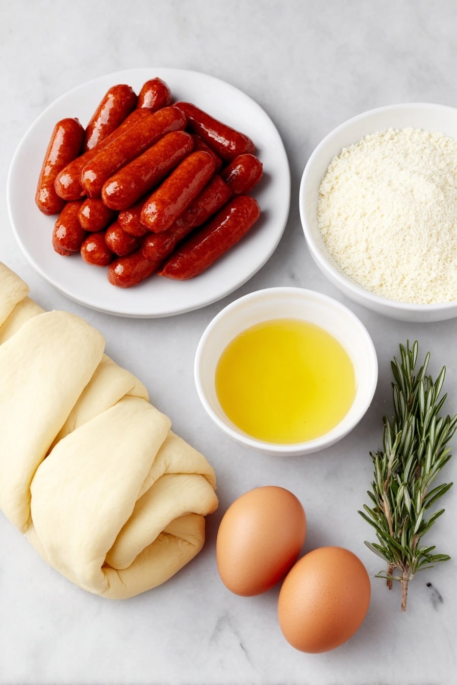 Flat lay of fresh crescent roll dough unrolled on a white ceramic plate, a pile of glossy cocktail sausages arranged neatly on a simple white ceramic dish, a small white bowl filled with melted golden butter mixed with minced garlic, a few sprigs of fresh rosemary placed beside a small white bowl holding a coarse blend of Everything Bagel Seasoning, and two whole uncracked brown eggs in a white ceramic bowl, all elements evenly spaced and perfectly symmetrical, placed on a clean white marble surface, soft natural light, photo taken with an iPhone, professional food photography style, fresh ingredients, white ceramic bowls, no bottles, no duplicates, no utensils, no packaging --ar 2:3 --v 7 --p m7354615311229779997 - Pigs in a Blanket Wreath, festive appetizer, holiday party snacks, easy Christmas appetizer, savory finger foods