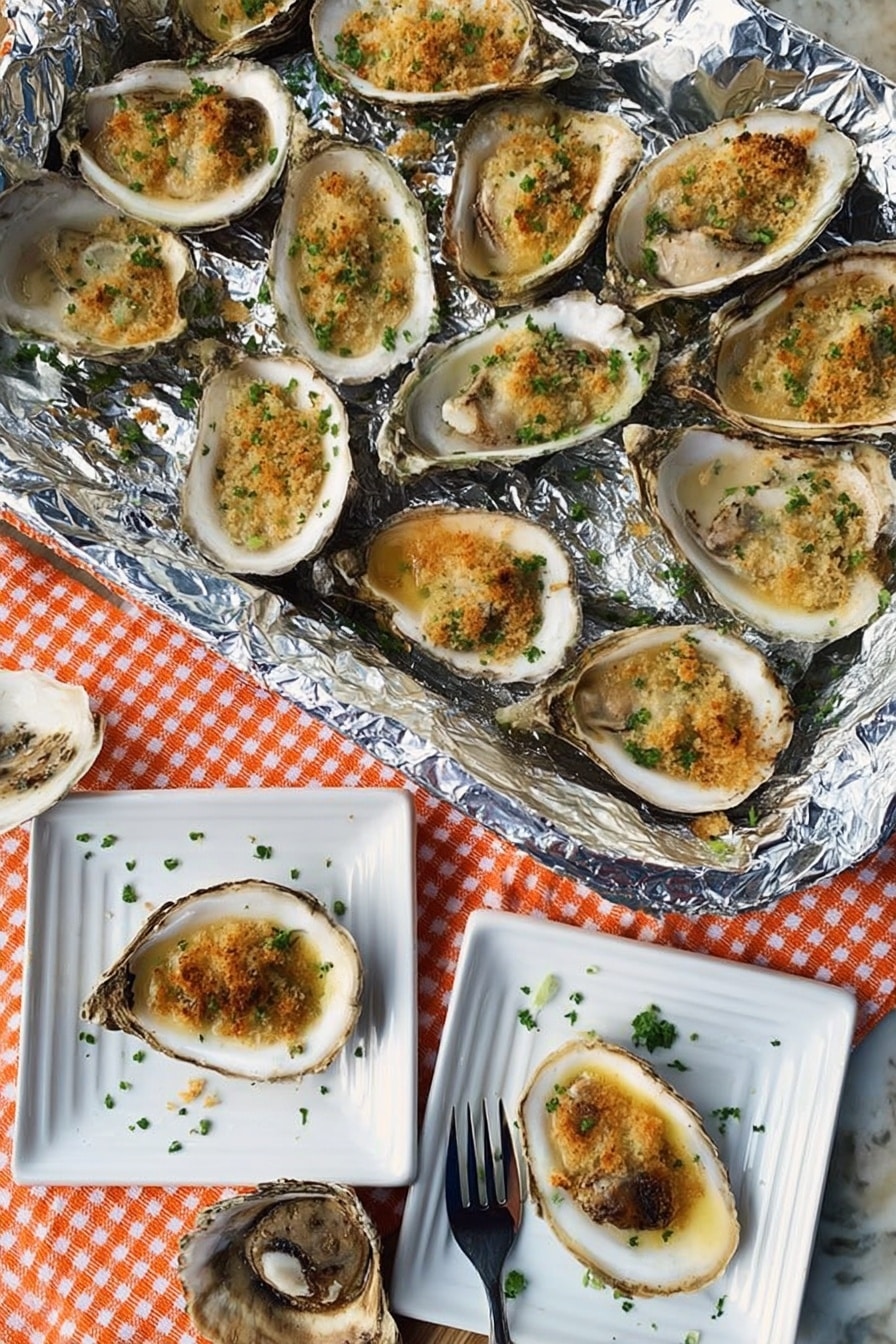 A tray filled with two layers of baked oysters resting on a layer of shiny silver foil. Each oyster shell is white on the inside with a rough, darker outer edge, topped with a golden breadcrumb-like layer mixed with green herbs, giving a slightly crispy look. The oysters vary slightly in size and have small scattered green herb bits for garnish. Below the tray, there is a white marbled surface with an orange and white checkered cloth showing under the tray edge. On the surface, two white square plates each hold a single oyster topped with the same golden brown and herb topping. A woman's hand is holding a fork close to one plate. Two empty oyster shells and a silver fork lie nearby on the marbled surface. photo taken with an iphone --ar 2:3 --v 7 - Baked Oysters with Cheesy Creole Seasoning, baked oyster appetizer, cheesy creole oyster recipe, spicy cheesy oyster dish, easy oyster appetizer