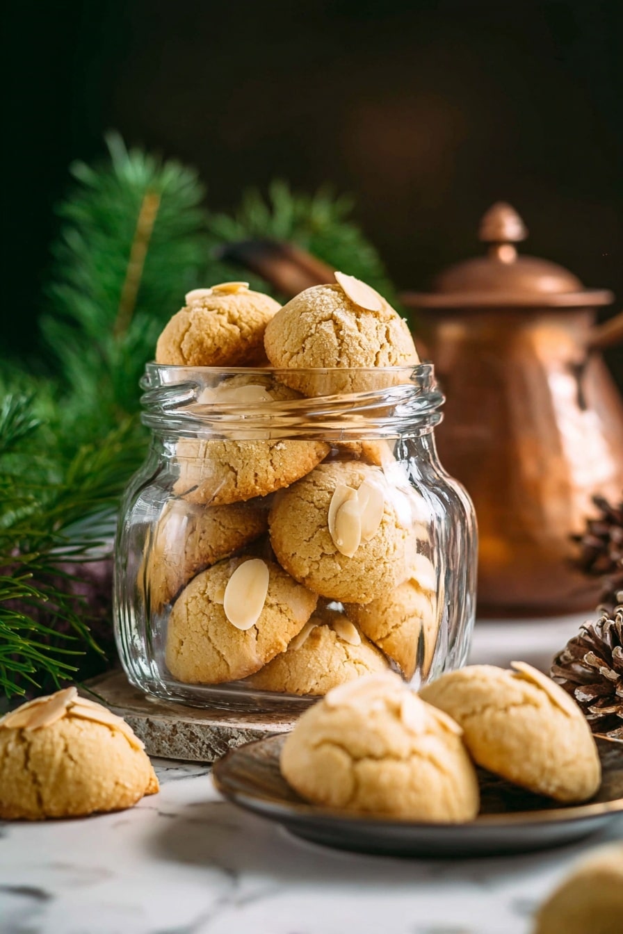 A woman's hand holds a small round cookie with a light golden color and a single almond pressed on top. In the background, there is a white plate filled with similar cookies of the same size and shape, all light golden and smooth with almond decoration. Behind the plate, more cookies are placed on a black wire rack. Green pine branches are scattered around the scene on a white marbled surface, with a spool of brown twine and a pair of black scissors nearby, adding a cozy and rustic feel. photo taken with an iphone --ar 2:3 --v 7 - German Marzipan Cookies, Bethmännchen, traditional German holiday cookies, marzipan almond cookies, festive German treats