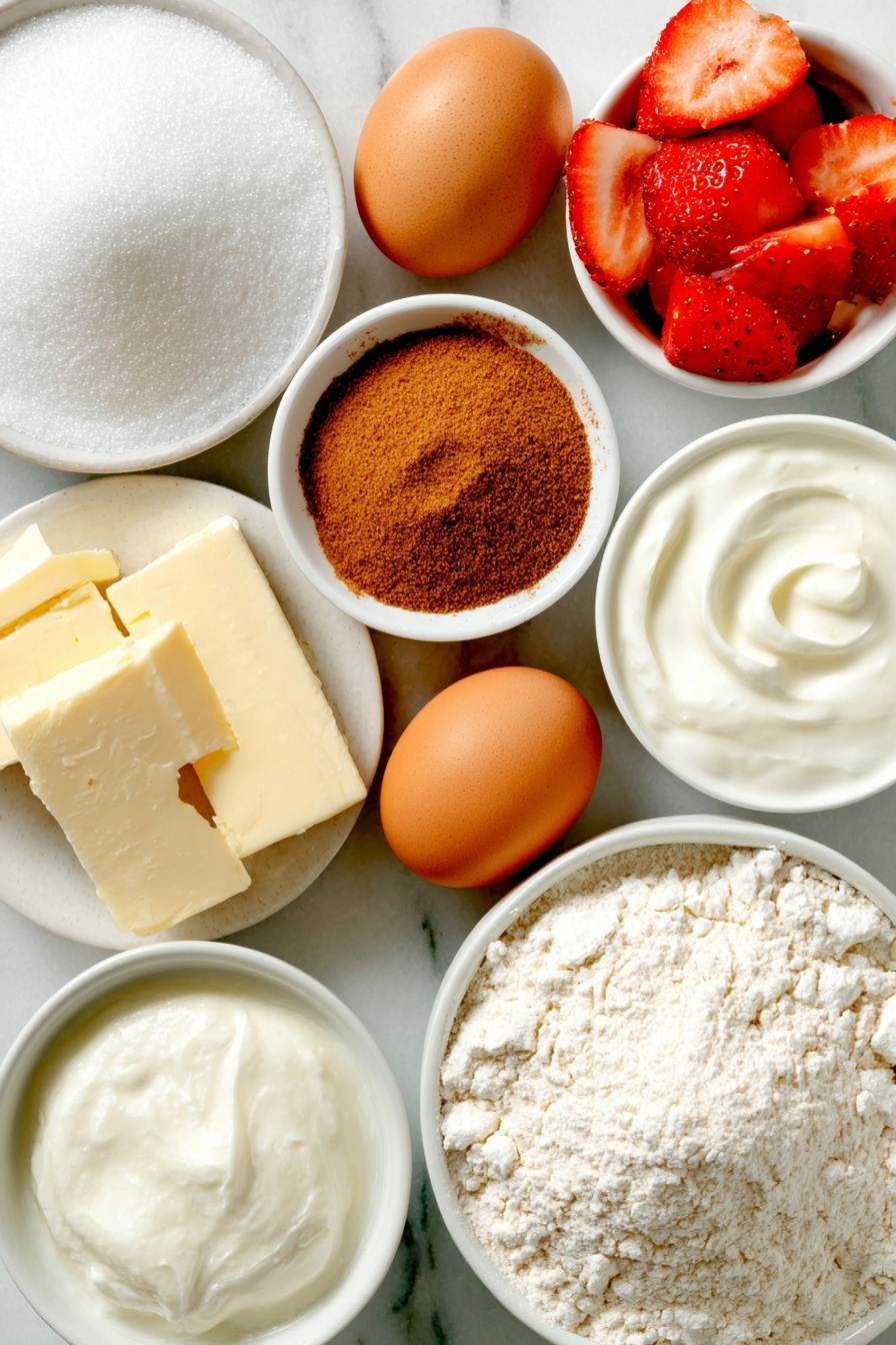 Flat lay of two whole brown eggs with clean shells, a small mound of granulated sugar, a small heap of ground cinnamon, two packets of instant yeast next to each other without packaging, a small white ceramic bowl of whole milk, a few chunks of softened butter, a heap of all-purpose flour, a small white ceramic bowl of heavy cream, and several fresh sliced strawberries arranged neatly, all placed on a clean white marble surface, soft natural light, photo taken with an iPhone, professional food photography style, fresh ingredients, white ceramic bowls, no bottles, no duplicates, no utensils, no packaging --ar 2:3 --v 7 --p m7354615311229779997 - Strawberry Kuchen with Creamy Custard, strawberry cake with custard, German strawberry dessert, fresh strawberry tart, easy strawberry pastry