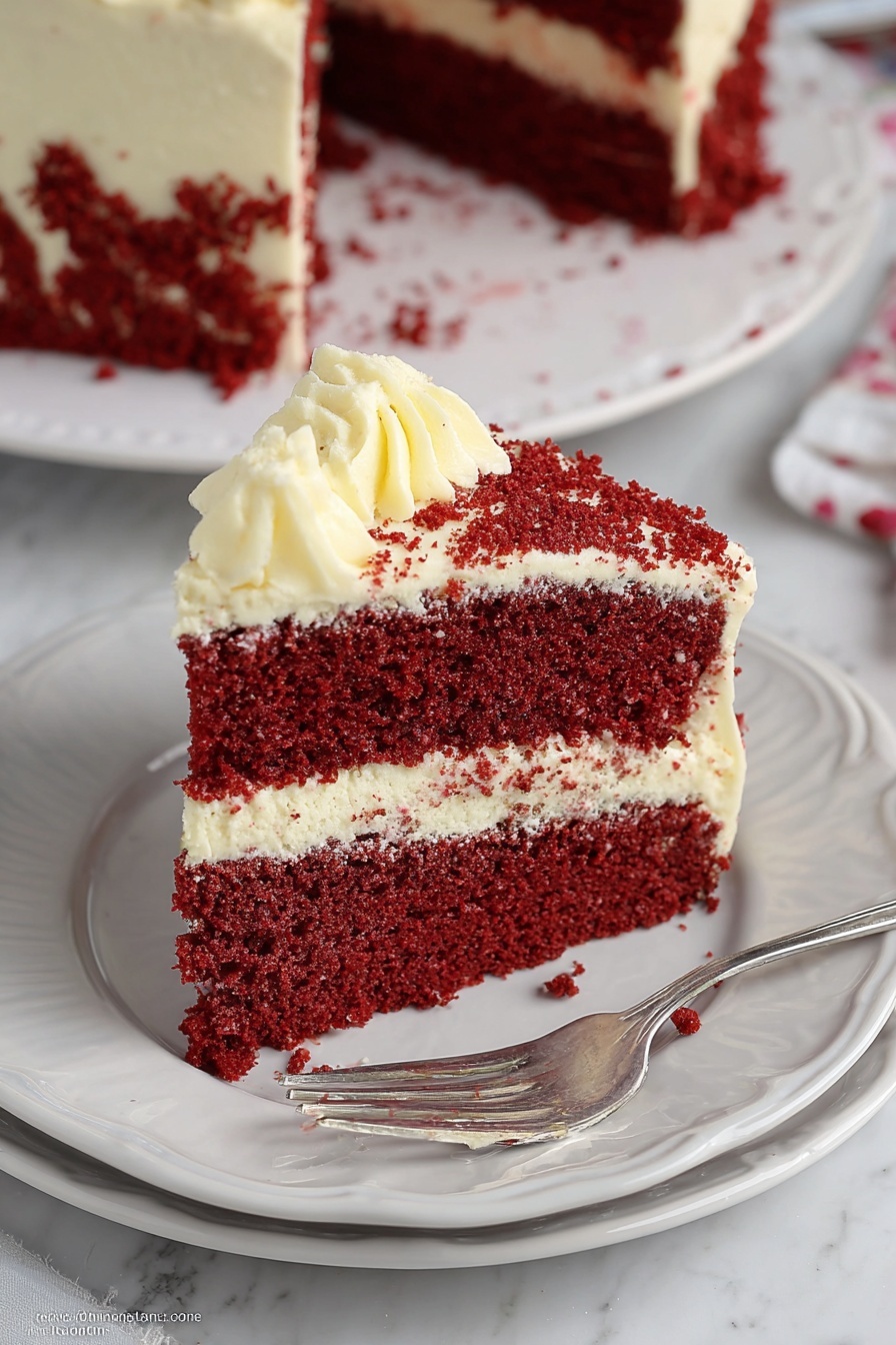 This image shows a slice of red velvet cake with two thick, moist red layers that have a soft, crumbly texture. Between these layers is a thick white cream layer that also surrounds the edges of the slice with a smooth and slightly fluffy texture, decorated with small cake crumbs. The cake slice sits on a white plate with a subtle scalloped edge, and a silver fork rests beside it on the plate. In the background, part of the remaining cake is visible on a white plate, placed on a white marbled surface. Photo taken with an iphone --ar 2:3 --v 7 - Red Velvet Cake with Cream Cheese Frosting, moist red velvet cake, classic red velvet dessert, homemade red velvet cake recipe, easy red velvet cake