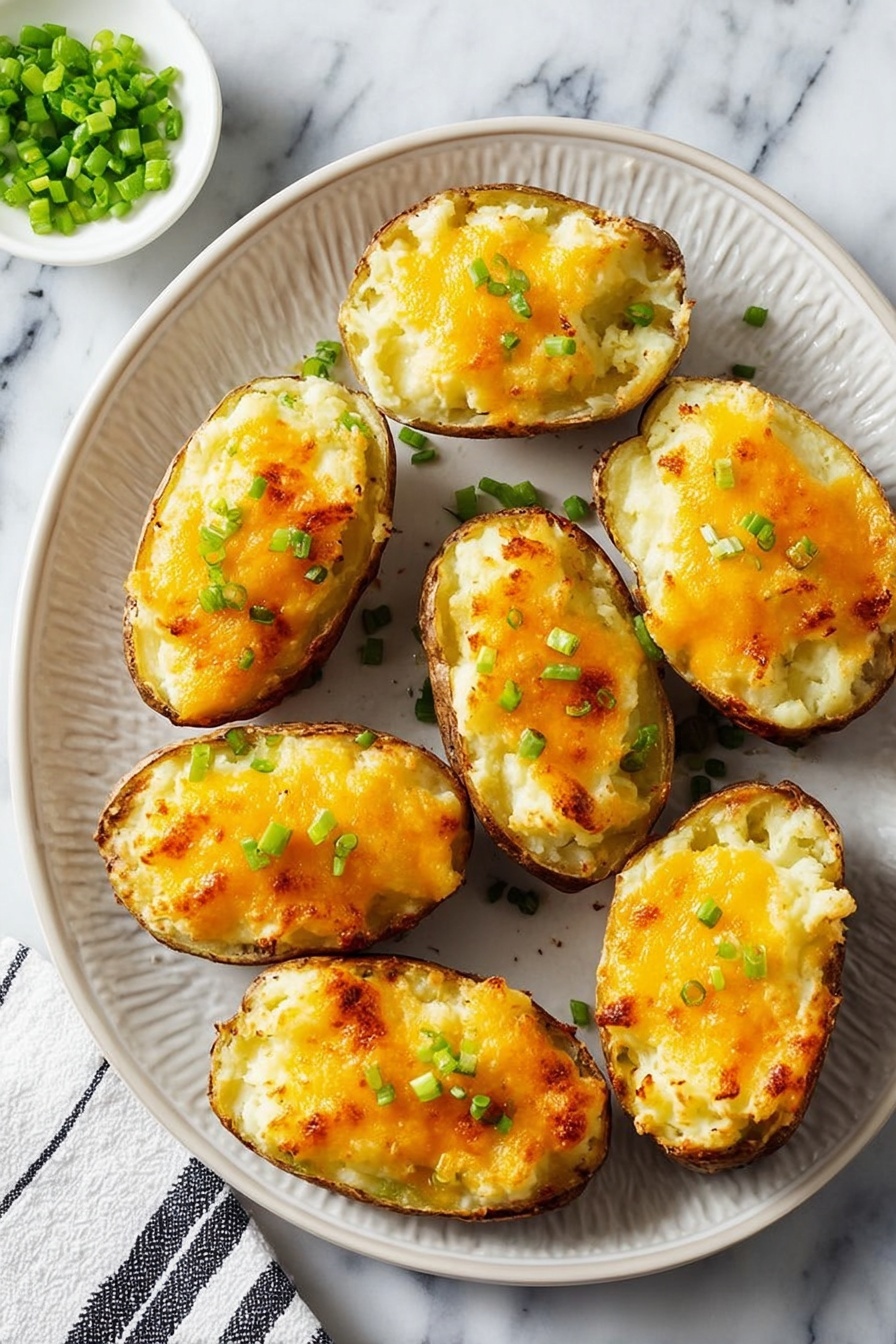 Three potato skins are shown on a baking tray with light brown parchment paper, filled with a creamy white mashed potato layer mixed with small yellow cheese bits and green broccoli pieces. The potato skins are light brown and crispy, forming a shell around the fillings. Bright green chopped scallions are scattered on top, adding freshness and color contrast. The background has a white marbled texture. Photo taken with an iphone --ar 2:3 --v 7 - Twice Baked Potatoes with Cheddar and Green Onions, baked potato recipes, cheesy stuffed baked potatoes, easy twice baked potatoes, savory potato dishes