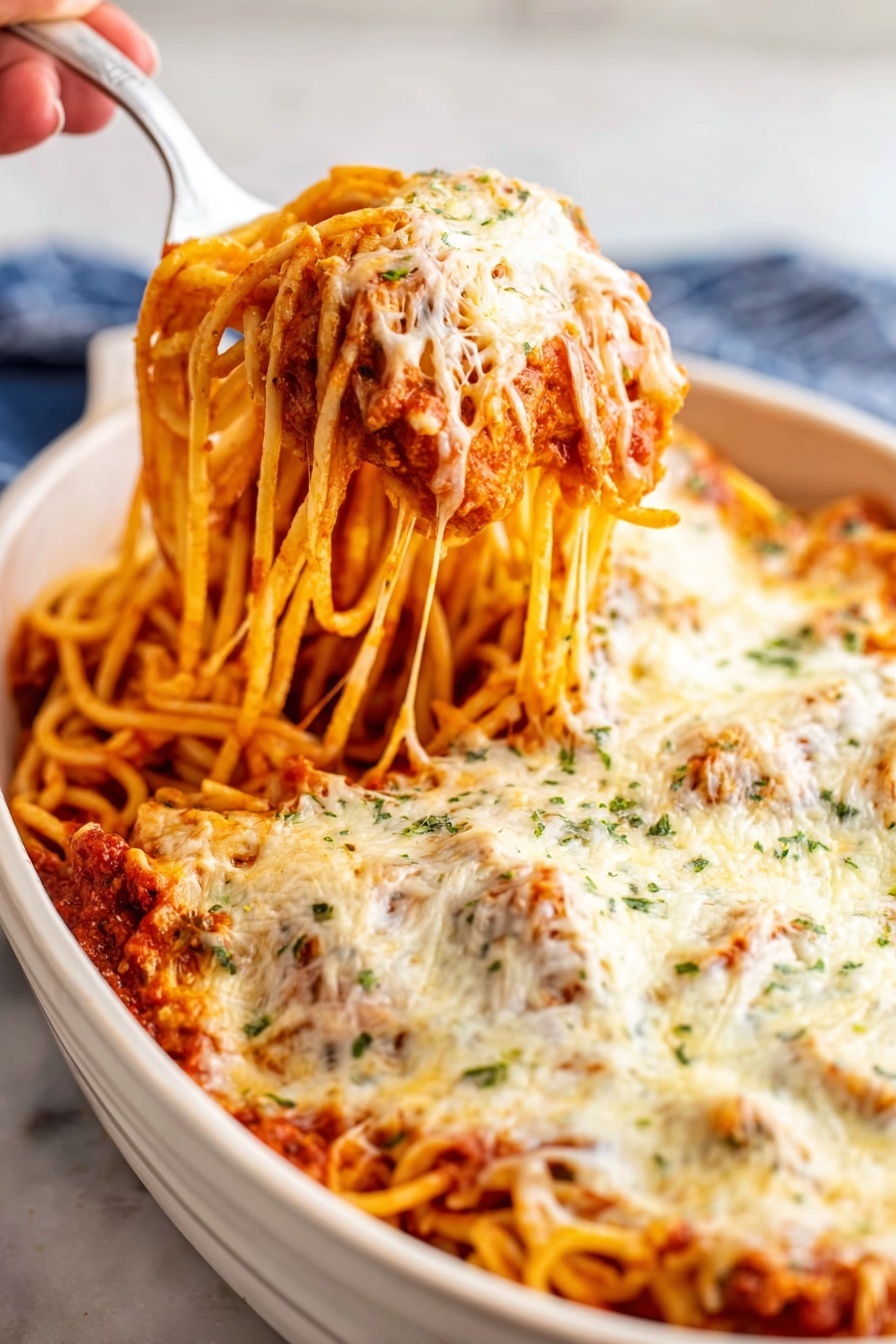 This image shows a close-up of a white oval baking dish filled with spaghetti in a rich red tomato sauce, topped with a thick layer of melted white cheese sprinkled with green herbs. A woman's hand is lifting a portion of the spaghetti with a white fork, pulling up long strands of pasta covered in the sauce and cheese. The cheese layer looks smooth and creamy with hints of golden brown. The white marbled surface underneath the baking dish adds brightness to the scene. photo taken with an iphone --ar 2:3 --v 7 - Creamy Parmesan Spaghetti Bake, Italian pasta bake with Alfredo sauce, cheesy baked spaghetti recipe, hearty pasta casserole, easy pasta bake dinner