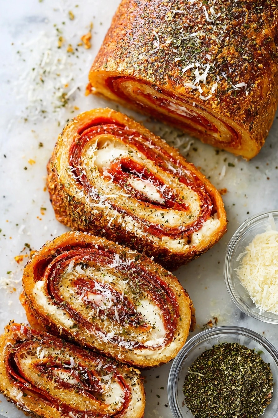 The image shows a golden brown baked roll sliced into four pieces on a white marbled surface. The roll has multiple layers visible in each slice, starting with a crispy outer crust speckled with herbs and grated cheese. Inside, there are thin layers of red pepperoni and creamy white melted cheese, spiraled tightly together. The slices are sprinkled with more herbs and cheese on top, creating a textured look. Two small clear glass bowls filled with green dried herbs and fine grated cheese sit near the roll. The entire scene is bright and detailed, highlighting the crunchy and cheesy textures of the roll. photo taken with an iphone --ar 2:3 --v 7 - Cheese and Pepperoni Pizza Rolls, pizza rolls recipe, easy pizza snacks, flavorful pizza roll bites, homemade pizza roll appetizers