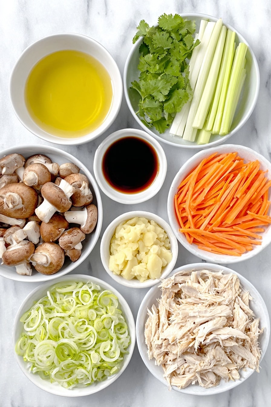 Flat lay of a small white ceramic bowl of light golden avocado oil, a medium white onion sliced into thin vertical strips, a small white bowl filled with thinly sliced bright orange carrots, a small white bowl holding thinly sliced pale green celery, a simple white ceramic plate with a heap of fresh brown cremini mushrooms sliced, a single peeled garlic clove sliced thinly, a small white bowl with julienned fresh pale yellow ginger, a simple white ceramic bowl filled with clear light golden chicken broth, a small white bowl containing smooth off-white white miso paste, a small white plate with shredded cooked chicken breast and thigh meat, a small white bowl with dark amber toasted sesame oil, a small white bowl of light translucent rice vinegar, fresh whole green onions sliced into thin rounds, and a few sprigs of fresh bright green cilantro all arranged with perfect symmetry, balanced proportions, placed on a clean white marble surface, soft natural light, photo taken with an iPhone, professional food photography style, fresh ingredients, white ceramic bowls, no bottles, no duplicates, no utensils, no packaging --ar 2:3 --v 7 --p m7354615311229779997 - Creamy Chicken Miso Soup, chicken miso soup recipe, comforting miso soup with chicken, homemade miso chicken soup, easy chicken miso soup