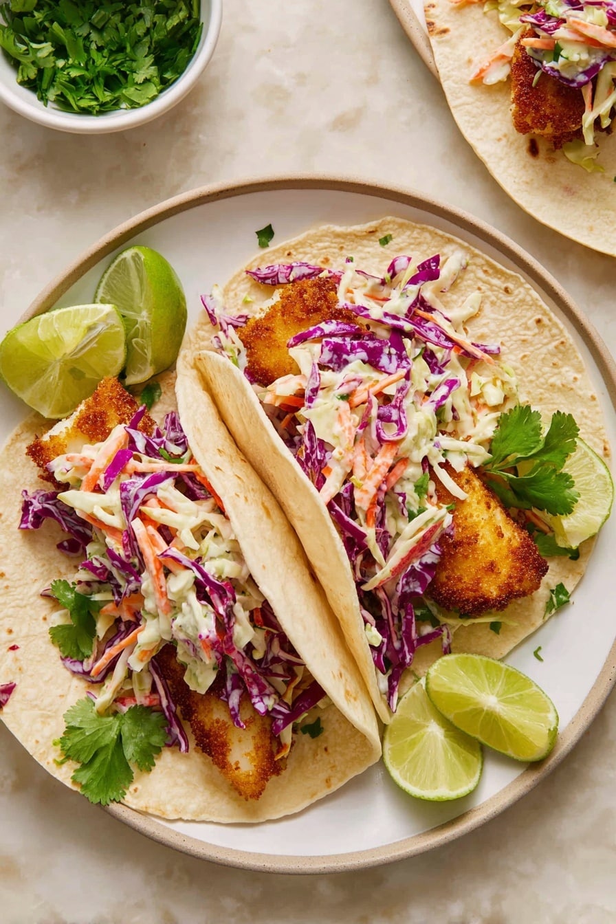 Two tacos sit side by side on a white plate over a white marbled surface. Each taco has a soft, light tan flatbread shell. Inside, there is a base layer of golden-brown fish fillets with a crispy texture. On top of the fish, there is a colorful coleslaw made of purple cabbage, white cabbage, thin orange carrot strips, and bits of green herbs, all mixed in a creamy dressing. Bright green cilantro leaves are scattered on the tacos and plate. Several lime wedges, light green with a textured surface, rest around the tacos as a garnish. In the background, there are small white bowls, one with green cilantro and the other with lime wedges. Photo taken with an iphone --ar 2:3 --v 7 - Air Fryer Fish Tacos with Cilantro Lime Slaw, healthy fish tacos, quick fish taco recipe, crispy air fryer fish, easy seafood dinner