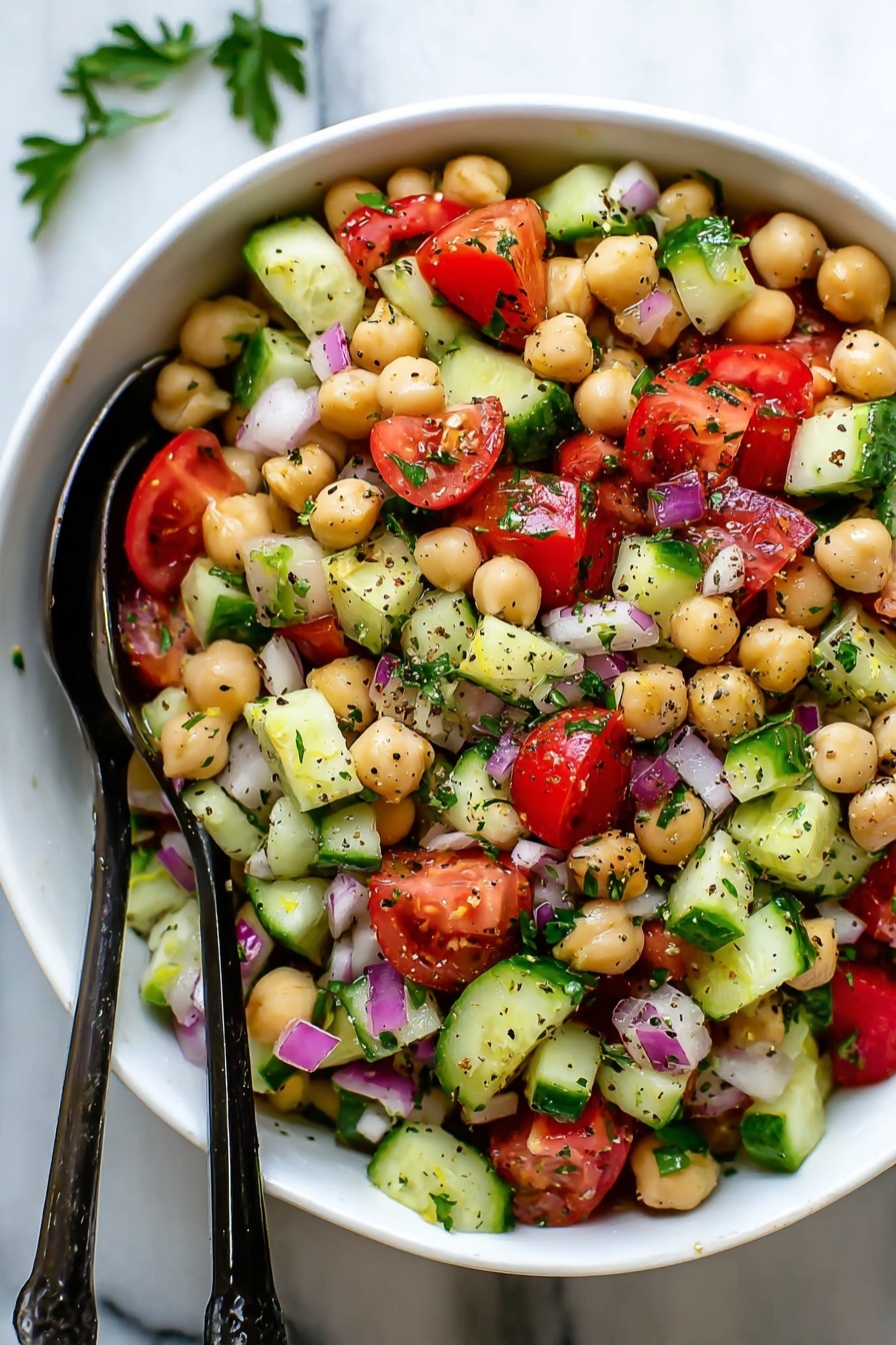 The image shows a white bowl filled with a colorful salad made of chickpeas, chopped cucumber, tomato pieces, and small chunks of purple onion, all mixed together. The chickpeas are light beige and round, sitting on top and throughout the salad. The cucumber pieces are green with darker skin edges and light green inside, giving texture. The tomato chunks are red and glossy, layered around the chickpeas and cucumbers. The purple onion bits add small splashes of light purple and white. There are fresh green herbs sprinkled on top along with visible black pepper. Two black serving spoons are placed inside the bowl, partially covered by the salad. The bowl rests on a white marbled surface with a green herb garnish placed out of focus on the side. Photo taken with an iphone --ar 2:3 --v 7 - Quick Chickpea Salad with Cucumber and Tomato, healthy chickpea salad, easy vegetarian salad, quick Mediterranean salad, fresh cucumber and tomato salad