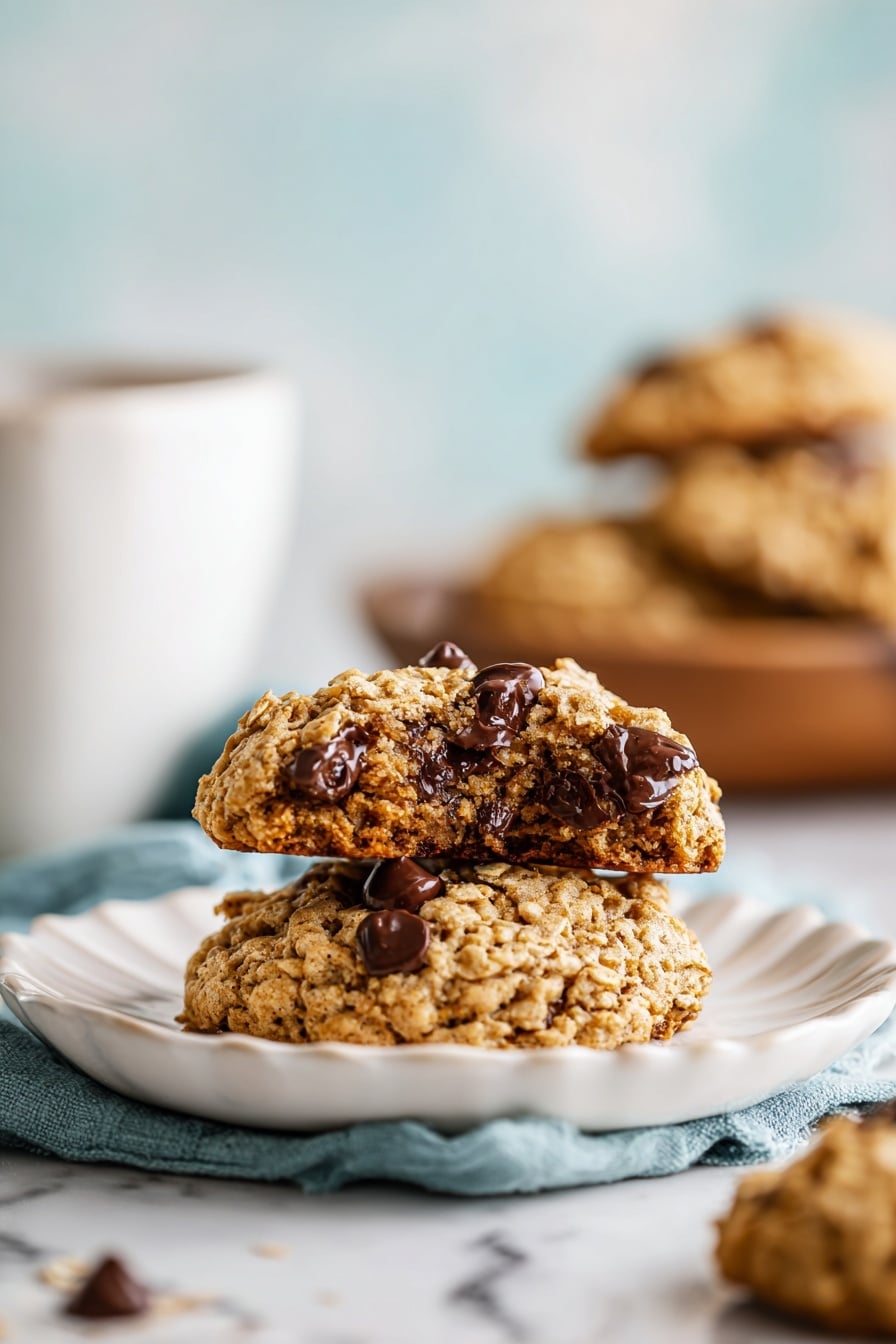 A close-up of two thick oatmeal cookies stacked on a white plate with a scalloped edge, with the top cookie bitten revealing soft, moist inside filled with dark brown melted chocolate chips and bits of oat. The cookies are light golden brown with visible oat flakes and more chocolate chips scattered on top. In the background, more cookies sit on the plate, slightly out of focus, alongside a white cup and a small wooden bowl on a white marbled surface with a soft blue cloth underneath the plate. photo taken with an iphone --ar 2:3 --v 7 - Healthy Banana Breakfast Cookies, healthy breakfast cookies, nutritious banana cookies, easy healthy cookie recipes, wholesome breakfast snacks