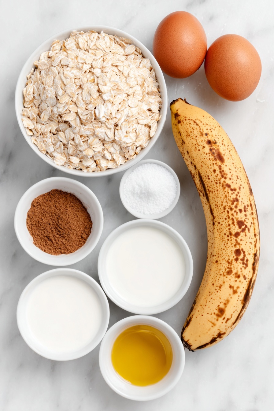 Flat lay of two medium ripe bananas with brown spots, two whole uncracked brown eggs, a small white ceramic bowl of old fashioned rolled oats, a small white ceramic bowl of unsweetened almond milk, a small white ceramic bowl of ground cinnamon, a small white ceramic bowl of baking powder, a small white ceramic bowl of vanilla extract, a small white ceramic bowl of salt, and a small white ceramic bowl with golden olive oil, all arranged with perfect symmetry, placed on a clean white marble surface, soft natural light, photo taken with an iPhone, professional food photography style, fresh ingredients, white ceramic bowls, no bottles, no duplicates, no utensils, no packaging --ar 2:3 --v 7 --p m7354615311229779997 - Healthy Blender Banana Oatmeal Pancakes, healthy pancake recipes, quick breakfast ideas, nutritious blender pancakes, gluten-free oat pancakes