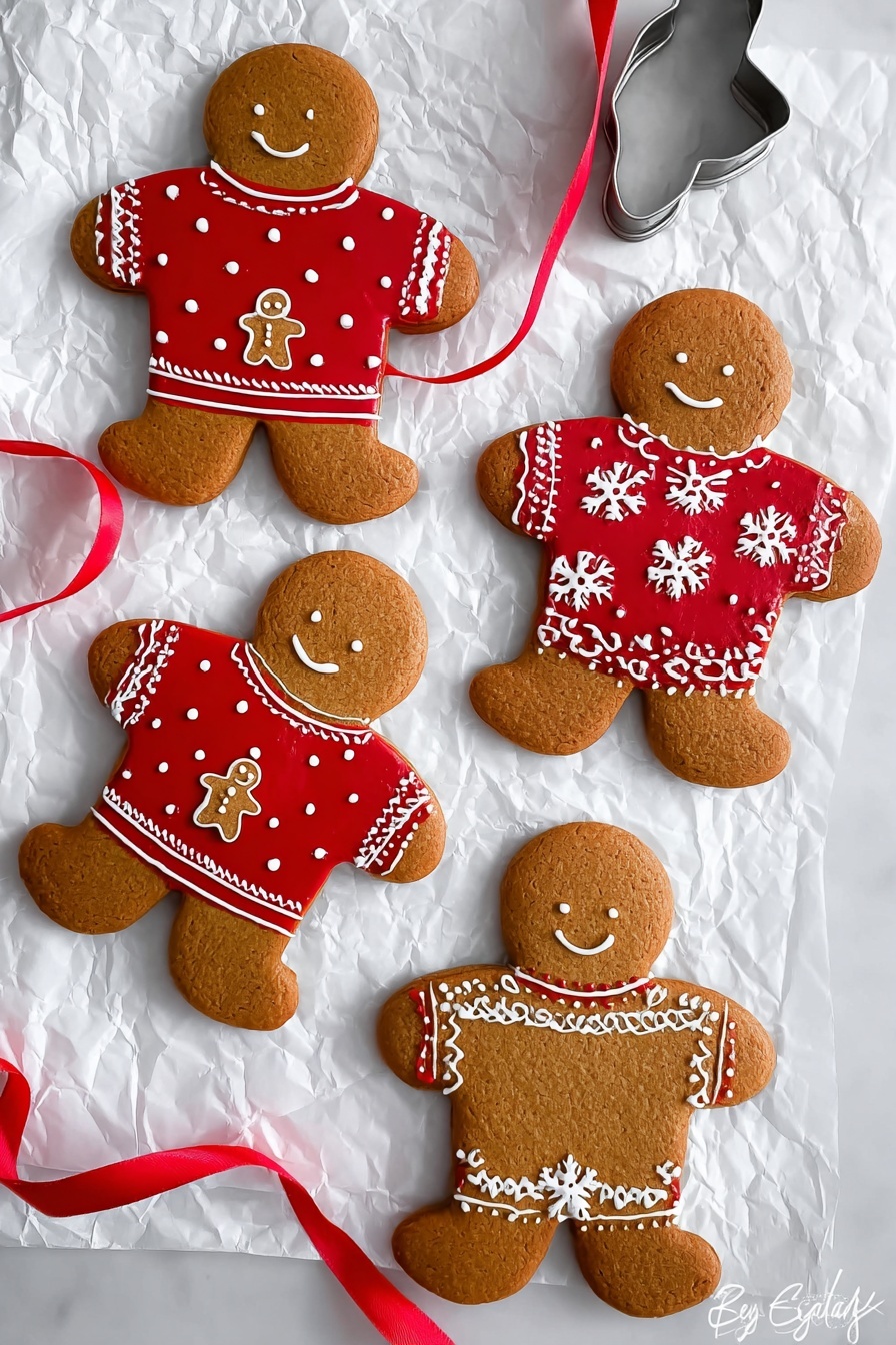 Four gingerbread cookies shaped like people lie on crumpled white paper over a white marbled surface. Each cookie wears a red sweater decorated with white icing: two have white polka dots and small gingerbread men in the center, while the other two have white floral or snowflake patterns. A thin red ribbon weaves through the cookies from the bottom left to the middle right, looping under a metal cookie cutter shaped like a gingerbread person near the bottom right of the image. The photo taken with an iphone --ar 2:3 --v 7 - Gluten Free Gingerbread Men, gluten free holiday cookies, dairy free gingerbread cookies, spiced gingerbread men recipe, festive gluten free treats