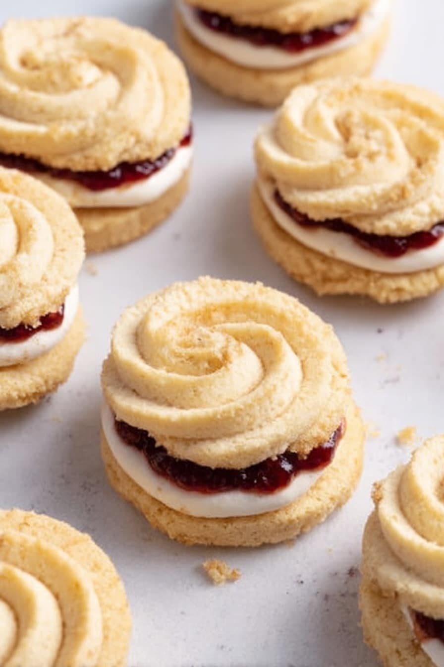 The image shows several small sandwich cookies placed closely on a white marbled surface. Each cookie has two light golden, swirled layers that look soft and crumbly. Between the layers, there is a thin spread of dark red jam and a layer of white cream. The top cookie's swirl has a smooth texture with slight crumbs on the edges. The overall look is neat and inviting. photo taken with an iphone --ar 2:3 --v 7 - Homemade Viennese Whirls with Jam, Viennese Whirls with Jam, Butter Biscuits with Jam, How to Make Viennese Whirls, Easy Viennese Whirls Recipe