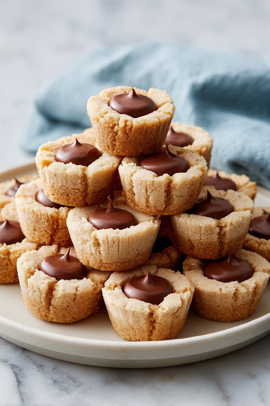 A stack of about fifteen small beige cookie cups arranged closely on a round white plate, each cookie cup has a smooth, shiny chocolate candy placed neatly in the center with a slightly darker brown rim around the candy, the cookie texture is crumbly and slightly cracked at the edges, the plate is set on a white marbled surface with a soft blue cloth casually folded in the background, the lighting highlights the warm tones of the cookies and the glossy chocolate centers. photo taken with an iphone --ar 2:3 --v 7 - Peanut Butter Cup Cookies, Peanut Butter Cup Cookies Recipe, Chocolate Peanut Butter Cookies, Easy Peanut Butter Cookies, Homemade Peanut Butter Cookies