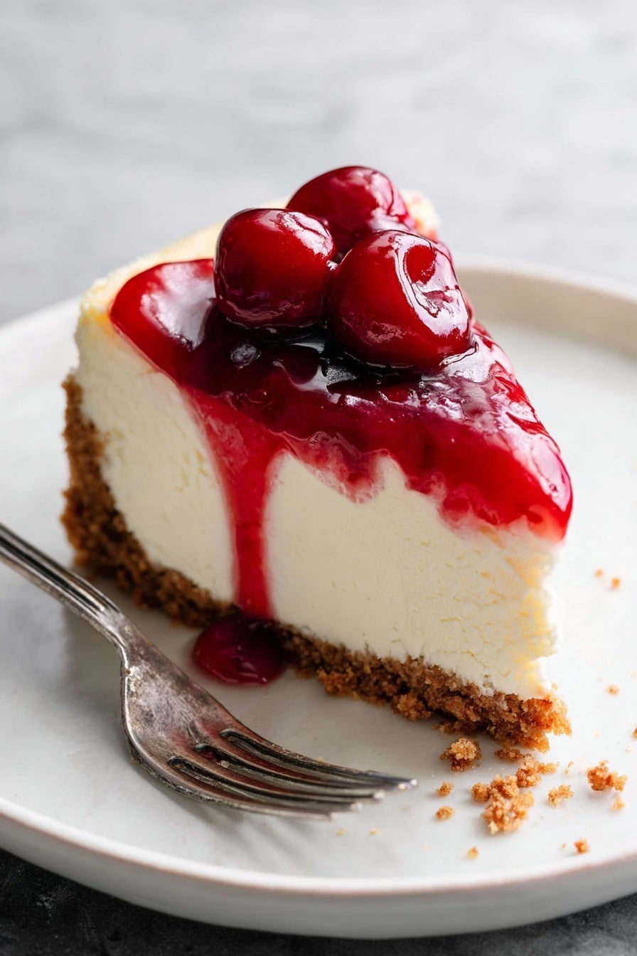 A slice of cheesecake with three visible layers is shown on a white marbled surface. The bottom layer is a crumbly brown crust that holds the creamy white middle layer, which is thick and smooth in texture. The top layer is a shiny red cherry topping that includes two whole cherries, dripping slightly down the sides. The slice is placed on a clean white plate, and next to it is a silver fork with some cheesecake residue. Photo taken with an iphone --ar 2:3 --v 7 - Cherry Biscoff Cheesecake, Biscoff cheesecake with cherry topping, no-bake cherry cheesecake, how to make cherry Biscoff cheesecake, easy cherry cheesecake recipe
