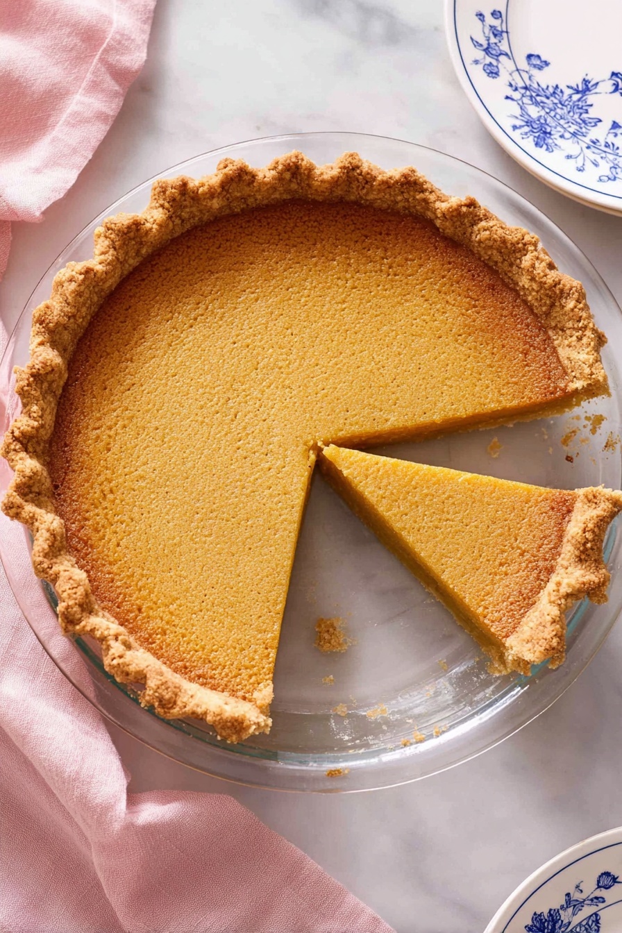 A pie with one slice removed sits on a clear glass pie plate on a white marbled surface. The pie has one main layer of golden brown filling with a smooth texture and a slightly darker, crumbly top layer. The crust is thick, golden, and crimped around the edge. A soft pink cloth is partly under the plate to the left, and to the top right, part of a white plate with blue designs is visible. Photo taken with an iphone --ar 2:3 --v 7 - Classic Chess Pie, Chess Pie recipe, Southern dessert, custard pie, easy pie recipes