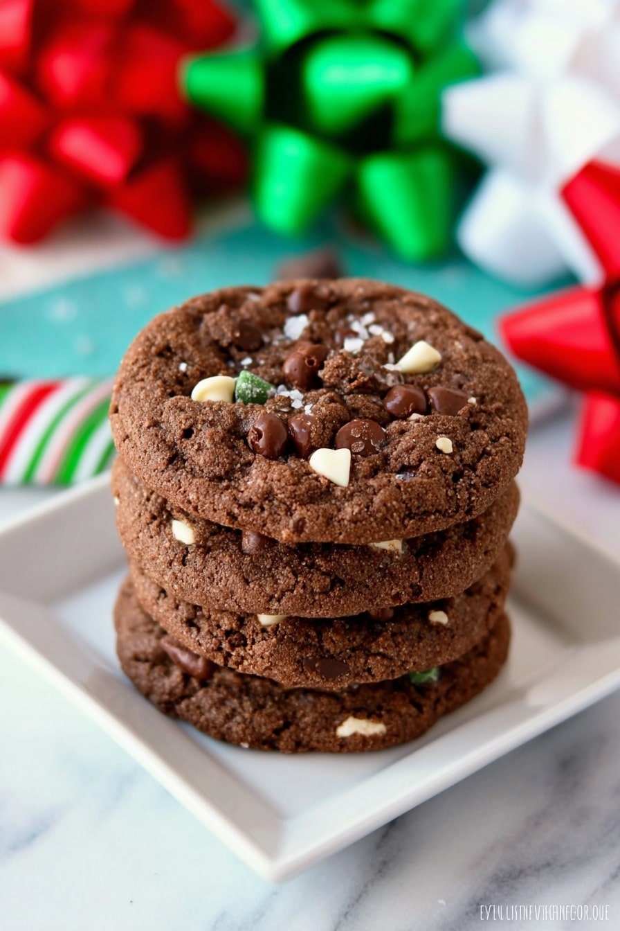A stack of five round chocolate cookies sits on a white square plate on a white marbled surface. Each cookie has a rough texture and is dark brown in color, with chunks of darker chocolate and small white bits mixed throughout. The cookies are thick and look soft and chewy. In the background, there are blurred colorful ribbons and bows in green, white, and red. Photo taken with an iphone --ar 2:3 --v 7 - Hot Chocolate Cookies, hot chocolate cookies recipe, cozy cookies, chocolate cookie recipe, easy holiday cookies