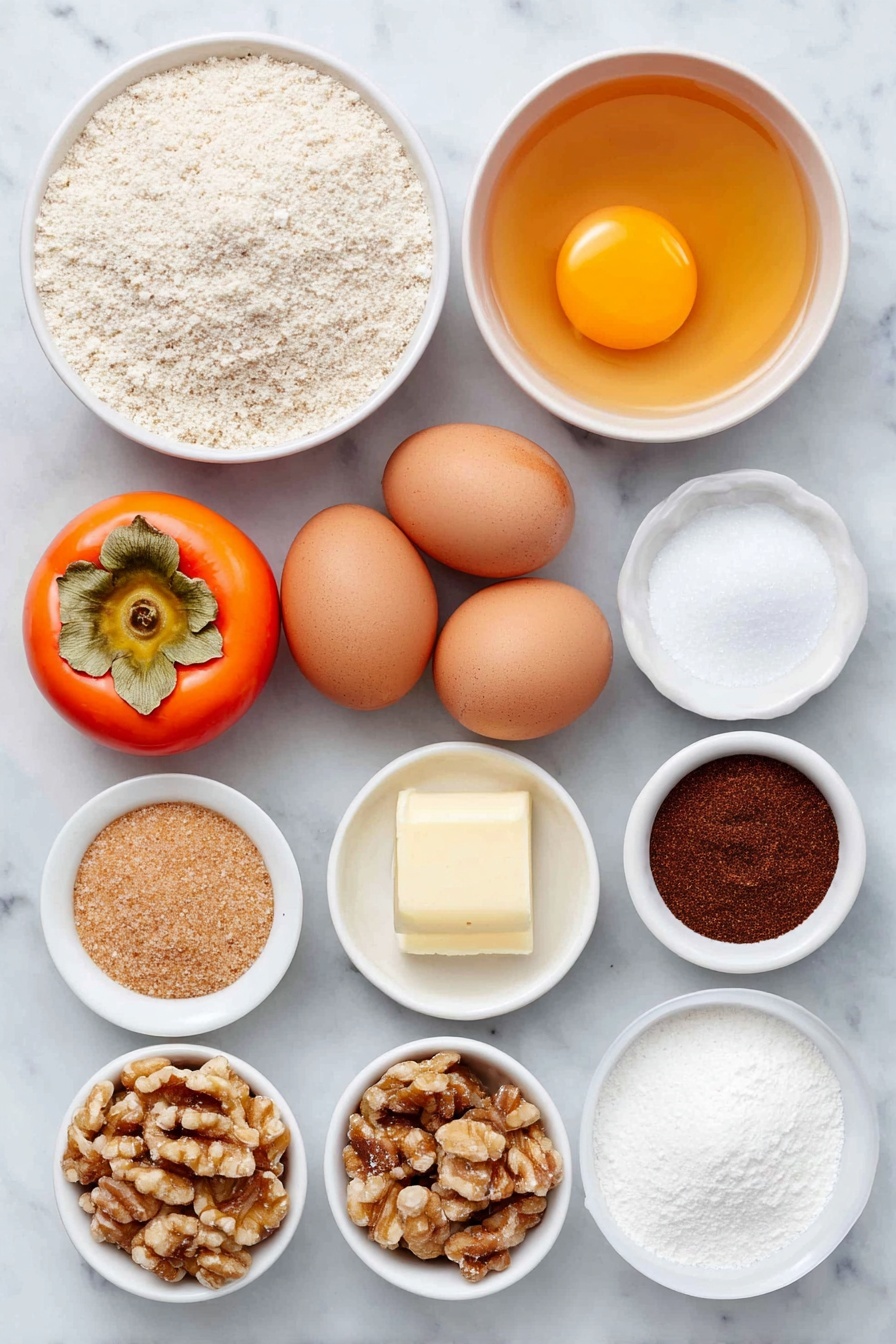 Flat lay of three whole fresh persimmons (one cut in half showing bright orange pulp), a small white bowl of melted golden butter, two whole uncracked brown eggs, a small white bowl of light brown sugar, a small white bowl of white granulated sugar, a small white bowl of clear vanilla extract, a small white bowl of all-purpose flour, a small white bowl of chopped walnuts, a small white bowl of ground cinnamon, a small white bowl of baking powder, and a small white bowl of salt, all arranged with perfect symmetry on a clean white marble surface, soft natural light, photo taken with an iPhone, professional food photography style, fresh ingredients, white ceramic bowls, no bottles, no duplicates, no utensils, no packaging --ar 2:3 --v 7 --p m7354615311229779997 - Persimmon Pudding Cake with Nuts, persimmon dessert recipes, festive persimmon cake, moist persimmon cake with nuts, easy persimmon cake dessert