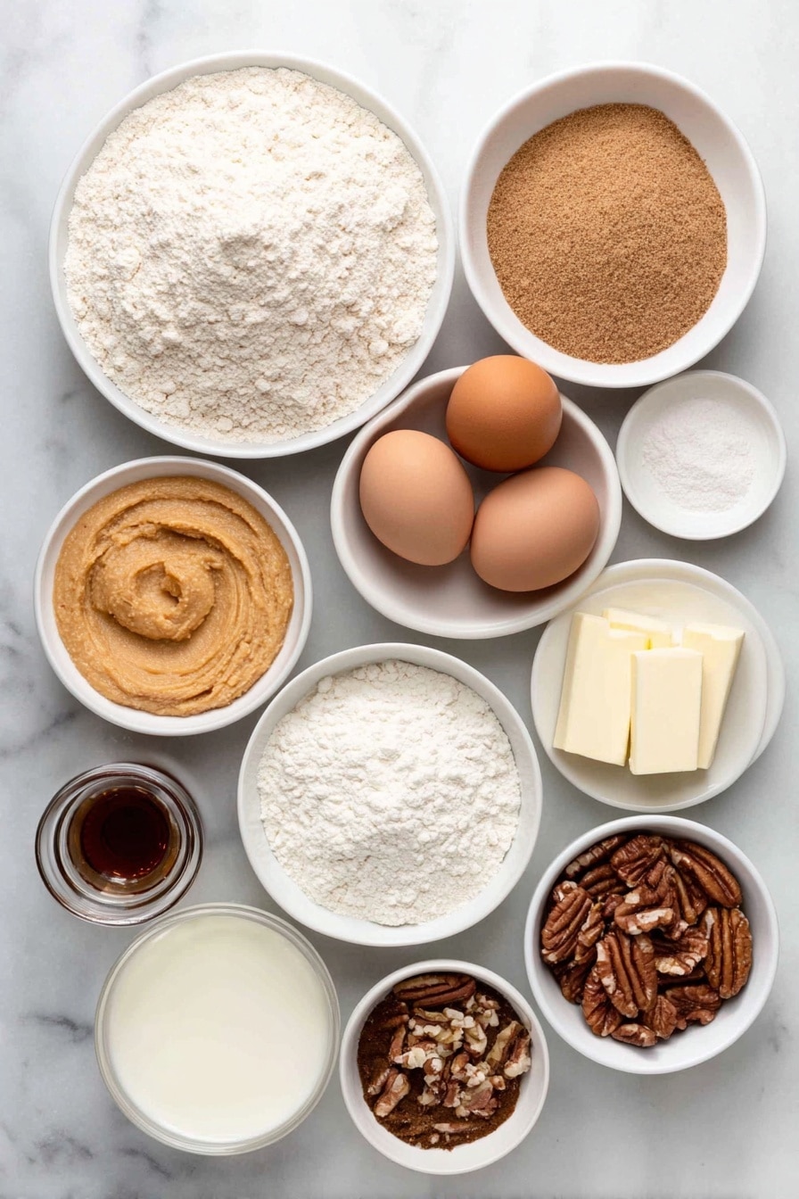 Flat lay of sifted all purpose flour in a small white bowl, a small white bowl with baking soda, a small white bowl with kosher salt, a small white bowl with ground cinnamon, a small white bowl with ground nutmeg, two sticks of unsalted butter, a small mound of packed light brown sugar, a small white bowl with smooth sweet potato purée, six whole uncracked brown eggs, a small white bowl with vanilla extract, a small white bowl with almond extract, a small white bowl with whole buttermilk, a small handful of chopped pecans, a small white bowl with powdered sugar, one stick of salted butter, a small white bowl with whole milk, a small white bowl with vanilla bean paste, all arranged symmetrically with perfect balance, placed on a clean white marble surface, soft natural light, photo taken with an iPhone, professional food photography style, fresh ingredients, white ceramic bowls, no bottles, no duplicates, no utensils, no packaging --ar 2:3 --v 7 --p m7354615311229779997 - Sweet Potato Pound Cake with Brown Butter Glaze, moist sweet potato pound cake, cozy fall spice desserts, easy fruit-based cakes, brown butter glaze dessert