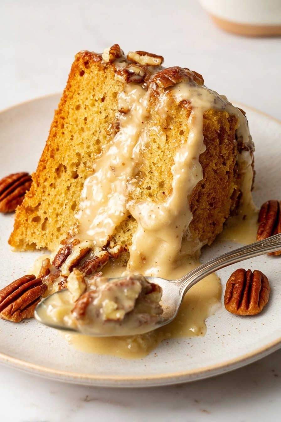 A slice of moist, golden-brown cake sits on a white plate with visible texture and small air pockets on the top layer. The middle layer is creamy and light beige, oozing slightly onto the plate. Scattered around the cake and on the spoon are several glossy, brown pecans. The spoon holds a portion of the creamy middle layer mixed with some pecan pieces. The plate rests on a white marbled surface. photo taken with an iphone --ar 2:3 --v 7 - Sweet Potato Pound Cake with Brown Butter Glaze, moist sweet potato pound cake, cozy fall spice desserts, easy fruit-based cakes, brown butter glaze dessert