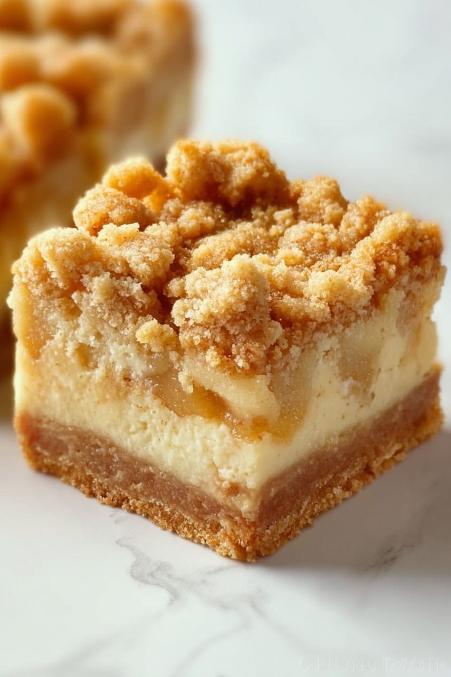 A close-up of a square dessert bar with three distinct layers is shown on a white marbled surface. The bottom layer is a light brown, firm crust with a smooth texture. The middle layer is a creamy, pale beige filling with visible small chunks, likely fruit or nuts, giving it a slightly bumpy look. The top layer is a crumbly, golden-brown streusel topping with a rough texture, loosely scattered across the surface. The edges are clean and sharp, emphasizing the neat layering. Photo taken with an iphone --ar 2:3 --v 7 - Easy Apple Pie Bars with Crumb Topping, apple pie bar recipe, easiest apple dessert, apple crumb bars, homemade apple bars