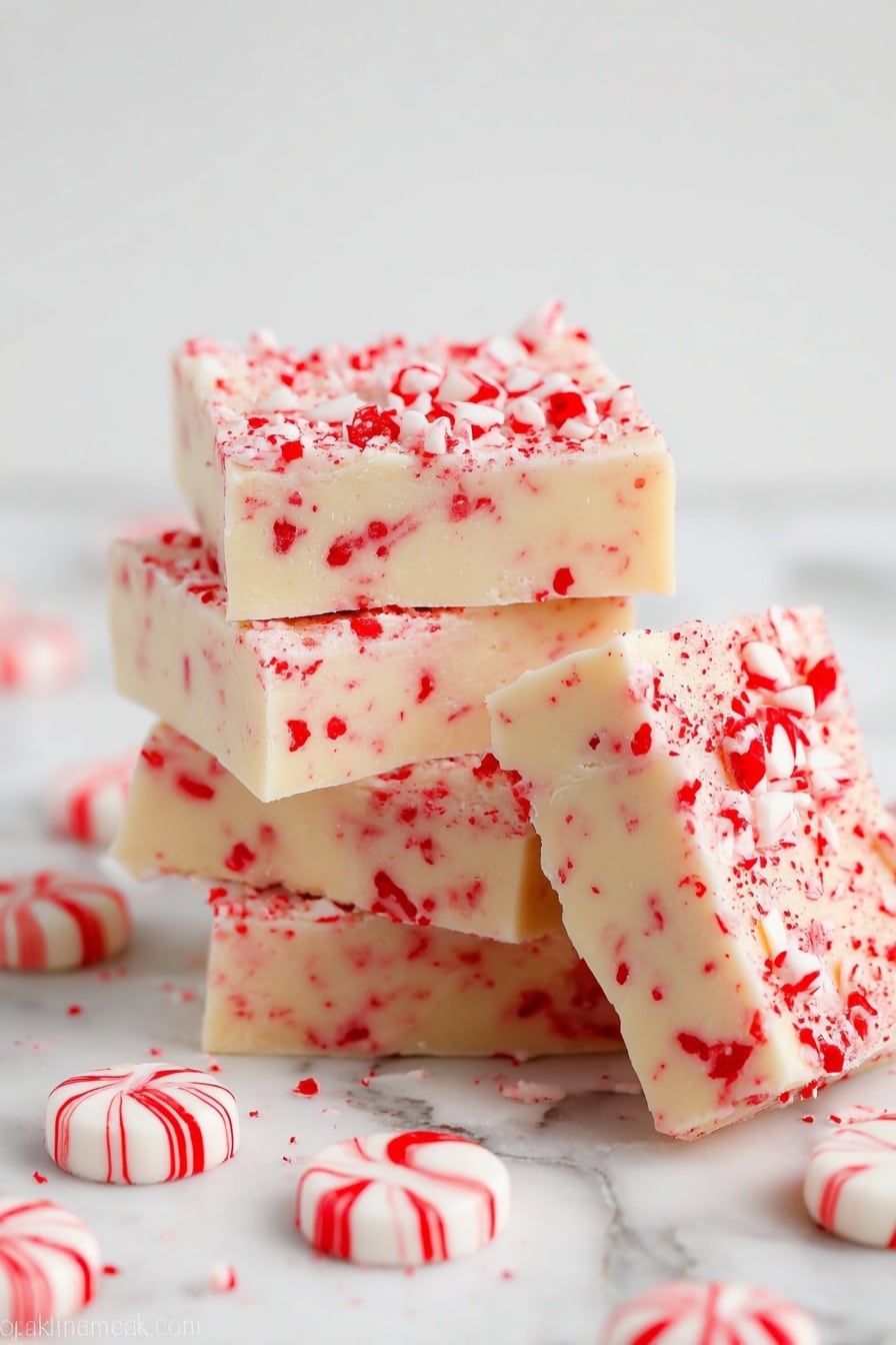 The image shows a stack of four thick square pieces of fudge with a creamy white base mixed with small bright red peppermint bits scattered throughout. The top layer of each piece is covered with more crushed red and white peppermint candies, giving a textured and colorful finish. One piece leans against the stack on the right side, revealing the smooth, dense texture inside with embedded peppermint bits. Around the fudge stack, there are whole round white peppermint candies with red stripes placed on a white marbled surface. The overall color palette is soft white with vibrant red specks and stripes, making the dessert look fresh and festive. photo taken with an iphone --ar 2:3 --v 7 - Candy Cane White Chocolate Fudge, festive holiday fudge, easy white chocolate peppermint fudge, Christmas fudge recipe, holiday gift fudge