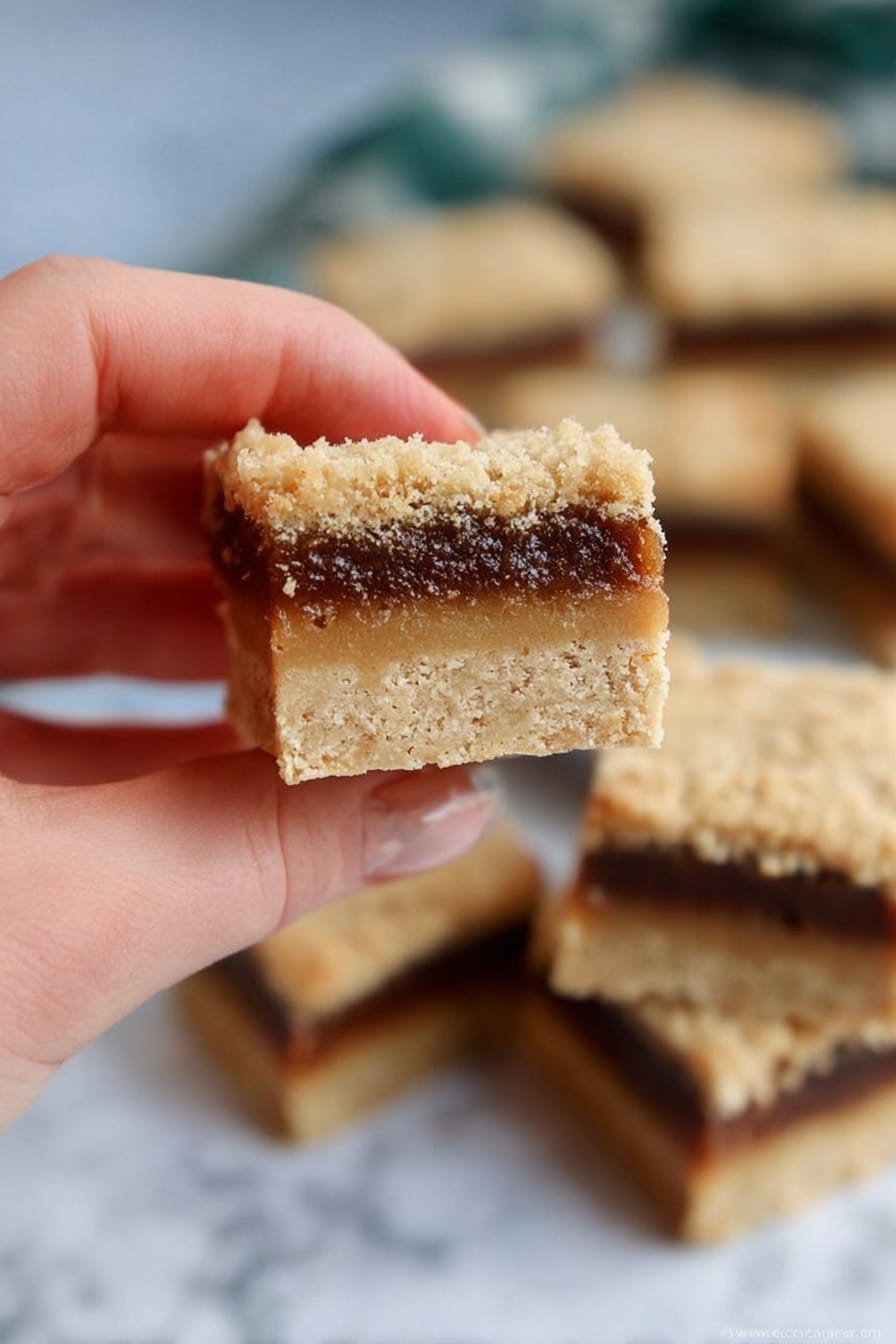 A close-up image shows a woman's hand holding a square snack bar with three visible layers. The bottom layer is light beige, smooth, and dense. The middle layer is dark brown and looks soft and sticky. The top layer is crumbly and light beige with small pieces showing texture. In the blurry background, more of these bars are stacked on a white marbled surface. The photo taken with an iphone --ar 2:3 --v 7 - Mince Pie Crumble Bars, festive holiday dessert, homemade mincemeat bars, easy mince pie bars, holiday treat recipes