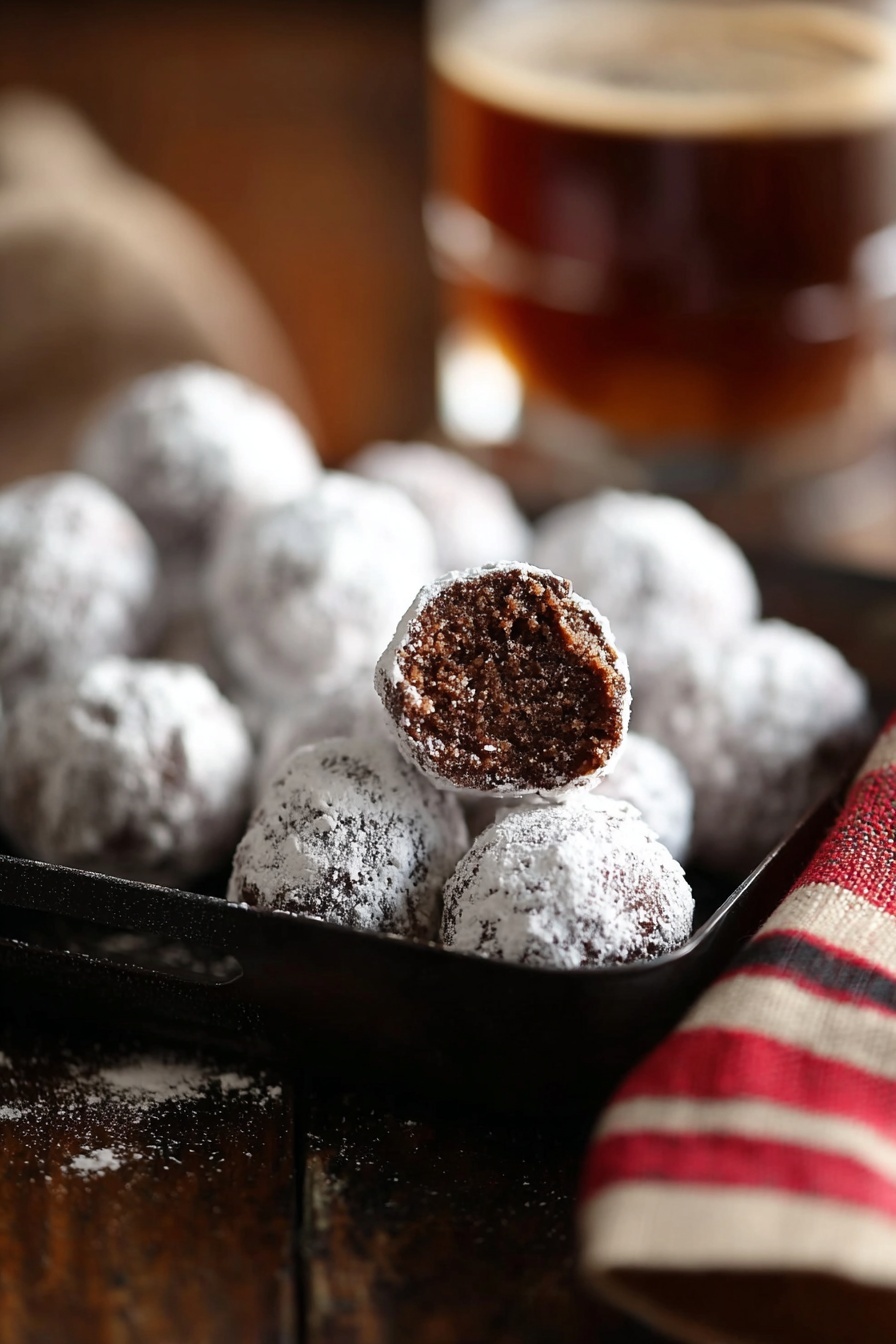 A close-up view of a black glass tray filled with small round chocolate bites covered in white powdered sugar, one bite is placed on top showing a crumbly brown inside. The tray sits on a dark wooden surface and is accompanied by a blurred striped red and white cloth and a brown drink in the background, all against a soft, brown blurred backdrop. photo taken with an iphone --ar 2:3 --v 7 - Bourbon Balls, Bourbon Balls Recipe, No Bake Bourbon Balls, Holiday Bourbon Sweets, Easy Bourbon Candy