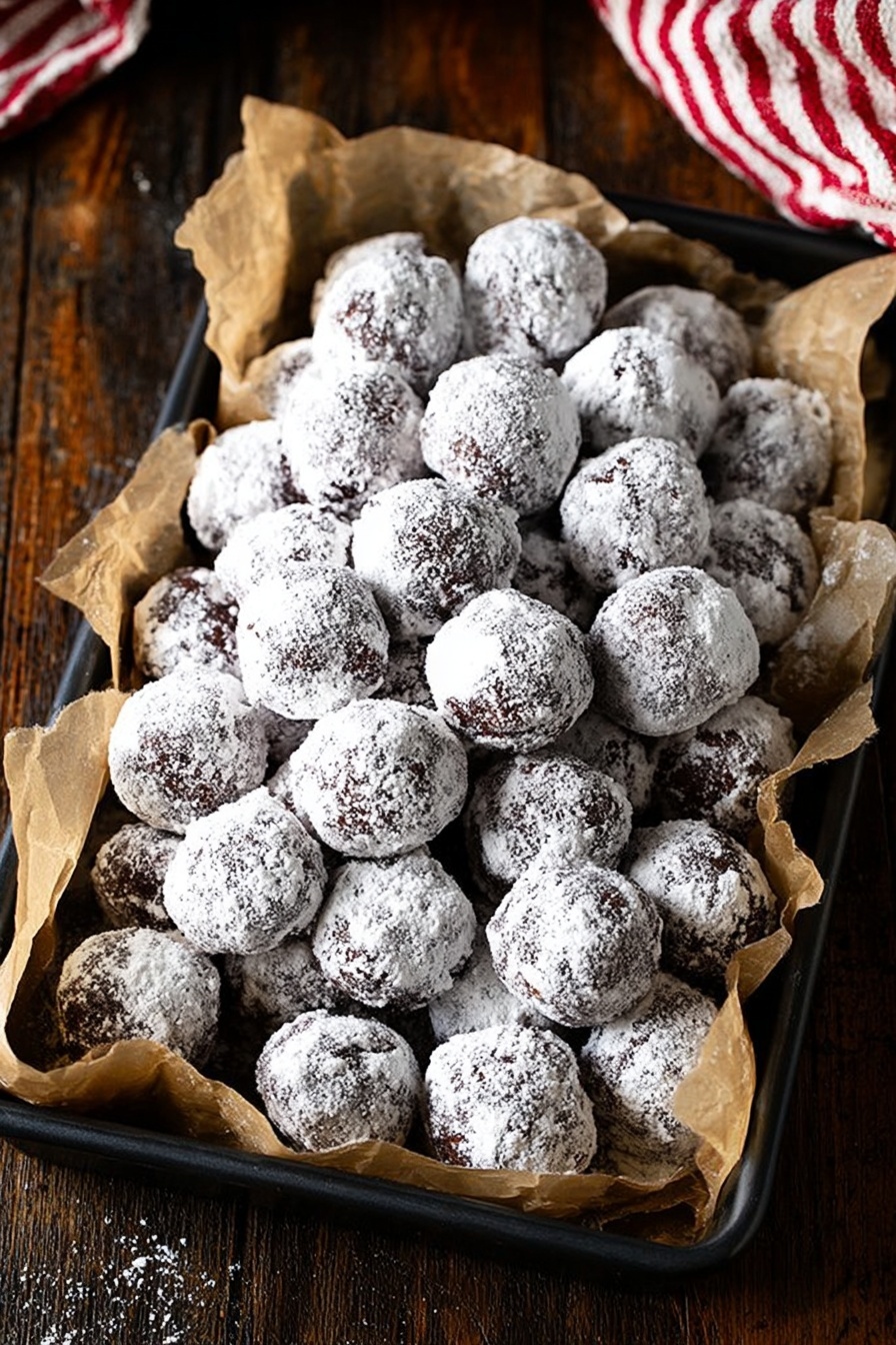 A black rectangular tray lined with crinkled brown parchment paper holds a large pile of round chocolate balls covered in white powdered sugar. Each ball has a slightly rough texture with some areas showing the dark chocolate underneath. The tray sits on a dark wooden surface with a red and white striped cloth partially visible in the upper right corner. The image is bright and clear, showing the contrast between the white powdered sugar and the chocolate balls. photo taken with an iphone --ar 2:3 --v 7 - Bourbon Balls, Bourbon Balls Recipe, No Bake Bourbon Balls, Holiday Bourbon Sweets, Easy Bourbon Candy