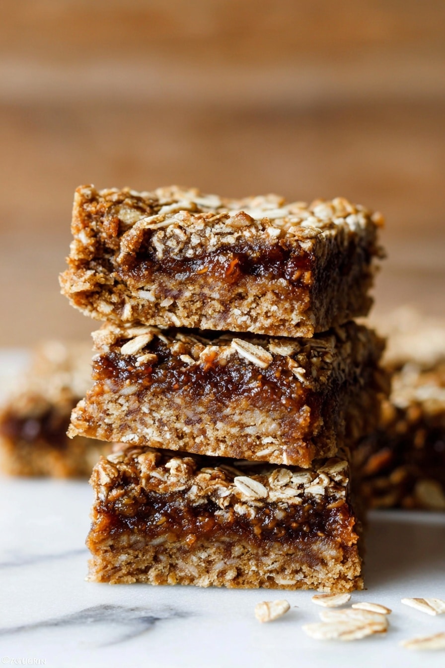 The image shows a close-up of three stacked oat bars on a white marbled surface. Each bar has two layers: the bottom layer is a light brown, crumbly oat base with visible oats, and the top layer is a darker brown, dense fruit filling with small seeds scattered throughout. The oat bars have a rough texture with oats protruding from the edges and surface, giving a rustic look. The background is blurred with a warm wooden tone. Photo taken with an iphone --ar 2:3 --v 7 - Homemade Oatmeal Fig Bars, healthy oatmeal fig bars, homemade fig bar recipe, wholesome fig bars, easy fig bar recipe
