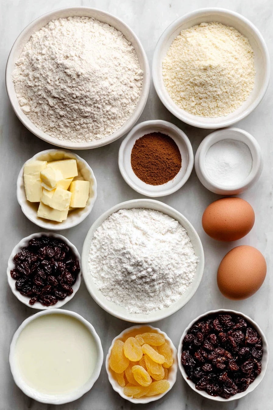 Flat lay of a small mound of pale beige all-purpose flour, a small white bowl with tiny beige granules of dry active yeast, a small white bowl with warm clear water, a small white bowl of fine white sugar, a small white bowl of bright cinnamon powder, a tiny heap of light brown nutmeg powder, a small white bowl filled with melted golden butter, a small white bowl of whole milk with creamy white liquid, three brown eggs with smooth uncracked shells, a small white bowl of plump dark dried currants, a small white bowl of golden raisins, a small white bowl with pale sliced blanched almonds, a small white bowl of chopped vibrant orange candied orange peel, a small white bowl of deep orange chopped dried apricots, a whole bright yellow lemon with its textured rind, a small white bowl with white icing sugar powder, and a separate small white bowl with creamy milk for the glaze, all arranged symmetrically and naturally on a clean white marble surface, soft natural light, photo taken with an iPhone, professional food photography style, fresh ingredients, white ceramic bowls, no bottles, no duplicates, no utensils, no packaging --ar 2:3 --v 7 --p m7354615311229779997 - German Stollen Bread, holiday bread, traditional German stollen, fruit and nut bread, festive Christmas bread