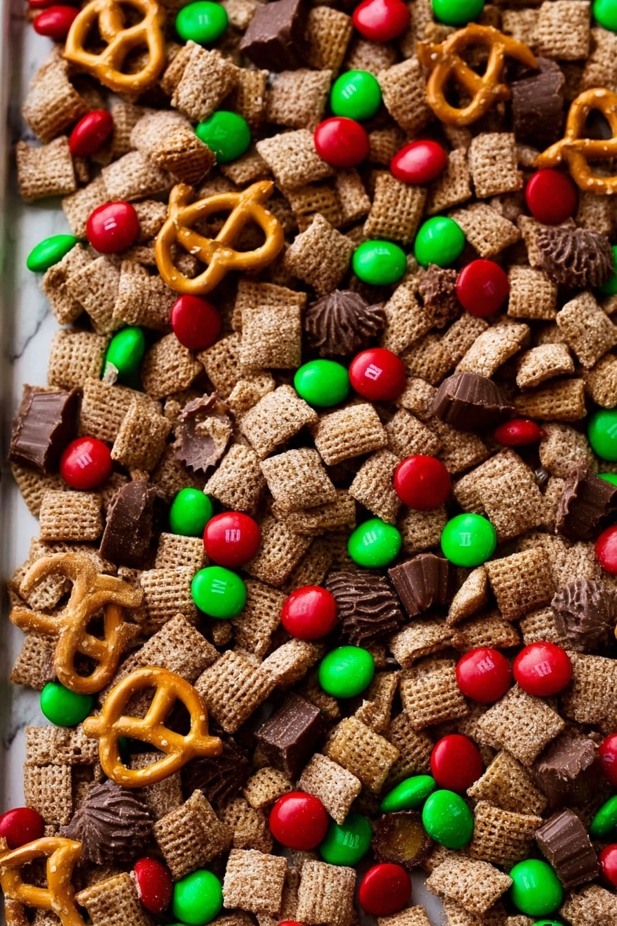 The image shows a close-up of a tray filled with a mix of different snacks. The base layer is made of small, square cereal pieces coated in a light brown powder. Scattered on top are bright red and green candy-coated chocolates, adding vivid pops of color. Interspersed among these are golden-brown pretzels with a shiny surface and small chocolate peanut butter cups with a smooth, dark brown top. The snacks cover the whole tray, creating a textured and colorful mix on a white marbled background. Photo taken with an iphone --ar 2:3 --v 7 - Chocolate Peanut Butter Reindeer Chow, holiday snack, Christmas treat, festive snack recipe, no-bake holiday dessert