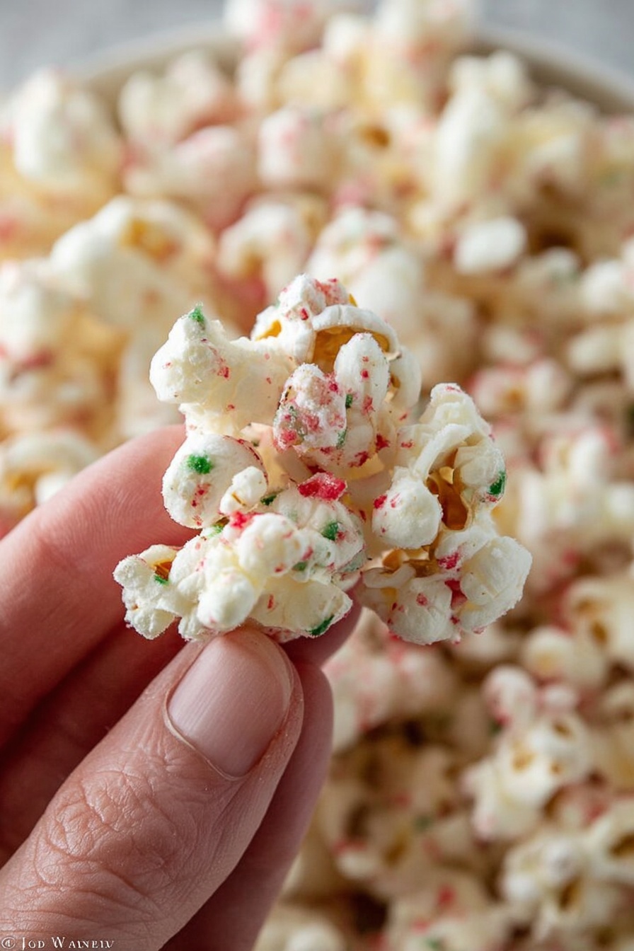 A close-up image of a small cluster of white popcorn mixed with tiny red and green specks, held between the fingers of a person's hand. The popcorn looks light and fluffy with a slight sugary coating that holds the cluster together. In the background, more of the same popcorn mixture is blurred, filling the frame and creating a textured, soft look. The photo shows fine details of the popcorn's surface and the small colored sprinkles. photo taken with an iphone --ar 2:3 --v 7 - Peppermint White Chocolate Popcorn, festive holiday popcorn, peppermint dessert, white chocolate popcorn, easy holiday snack