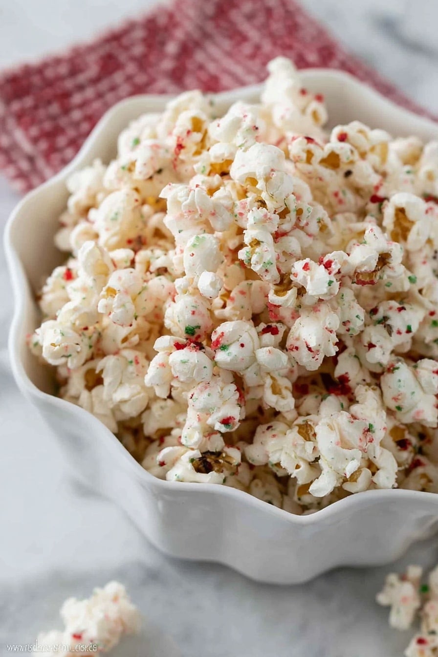 A close-up view of a white bowl with ruffled edges filled with white popcorn that has small red and green specks spread evenly across it, giving it a festive look. The popcorn pieces are puffy and irregular in shape, showing some golden brown spots where they popped. The bowl is placed on a white marbled surface with a hint of a red and white textured cloth underneath it. Photo taken with an iphone --ar 2:3 --v 7 - Peppermint White Chocolate Popcorn, festive holiday popcorn, peppermint dessert, white chocolate popcorn, easy holiday snack
