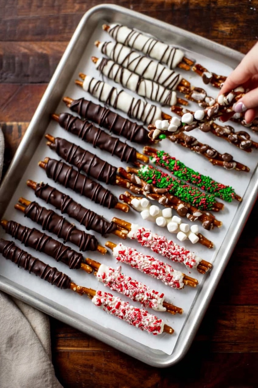 A white baking tray sits on a dark wooden surface with a white marbled texture background. On the tray, there are neat rows of pretzel sticks covered in various toppings. The first row has pretzels dipped halfway in dark chocolate with small white marshmallows on top. The second row has pretzels dipped in white chocolate and decorated with thin dark chocolate lines. The third row shows pretzels dipped in dark chocolate with green and red candy pieces on top. The fourth row features pretzels dipped in white chocolate with red and green candy sprinkles. The fifth row has pretzels dipped in white chocolate with red stripes and some sprinkled crushed candy canes. At the far right, one pretzel is held by a woman's hand. photo taken with an iphone --ar 2:3 --v 7 - Chocolate Covered Pretzel Rods, Pretzel Rods with Chocolate, Easy Chocolate Pretzel Snacks, Salted Pretzel Treats, Homemade Chocolate Pretzels