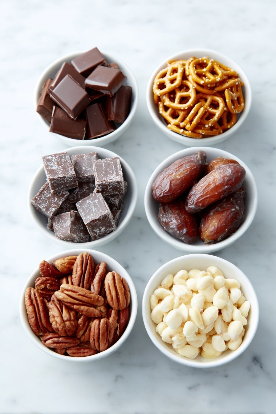 Flat lay of square golden-brown pretzel snaps, smooth shiny Rolo chocolates, glossy pecan halves arranged neatly, each ingredient fresh and natural in simple white ceramic bowls, perfect balanced layout with symmetry placed on a clean white marble surface, soft natural light, photo taken with an iPhone, professional food photography style, fresh ingredients, white ceramic bowls, no bottles, no duplicates, no utensils, no packaging --ar 2:3 --v 7 --p m7354615311229779997 - Pretzel Rolo Turtle Bites, easy sweet and salty snacks, no-bake pretzel treats, holiday party finger foods, quick chocolate caramel bites