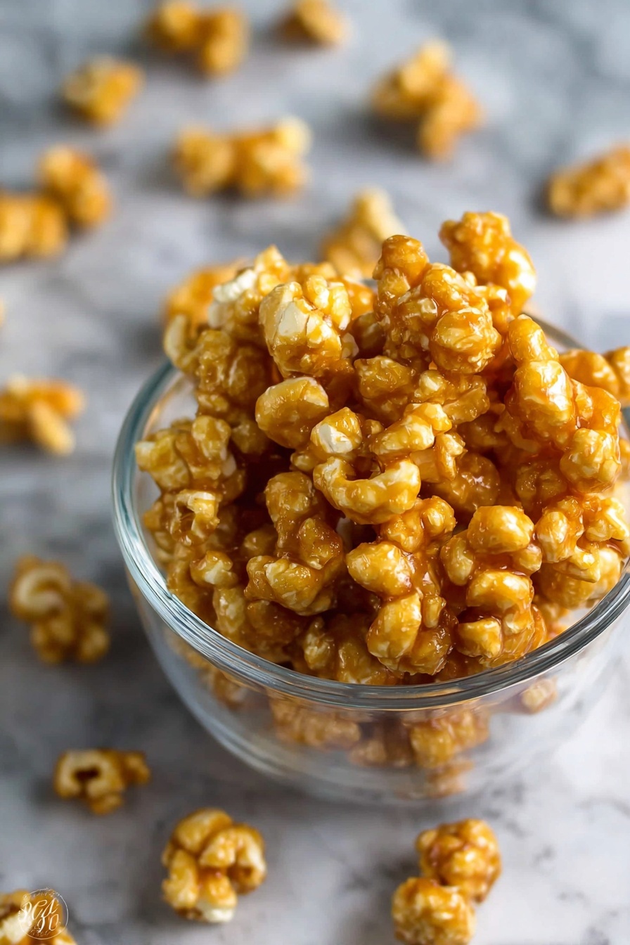 The image shows a clear glass bowl filled with many pieces of golden brown caramel-coated popcorn. The popcorn pieces are shiny and clustered closely together in the bowl. Around the bowl on a white marbled surface are scattered more caramel popcorn pieces, slightly out of focus. The background is blurred, keeping attention on the bowl with the caramel popcorn inside photo taken with an iphone --ar 2:3 --v 7 - Caramel Puff Corn Snack, caramel puff corn, sweet and salty snack, homemade caramel popcorn, easy puff corn treat