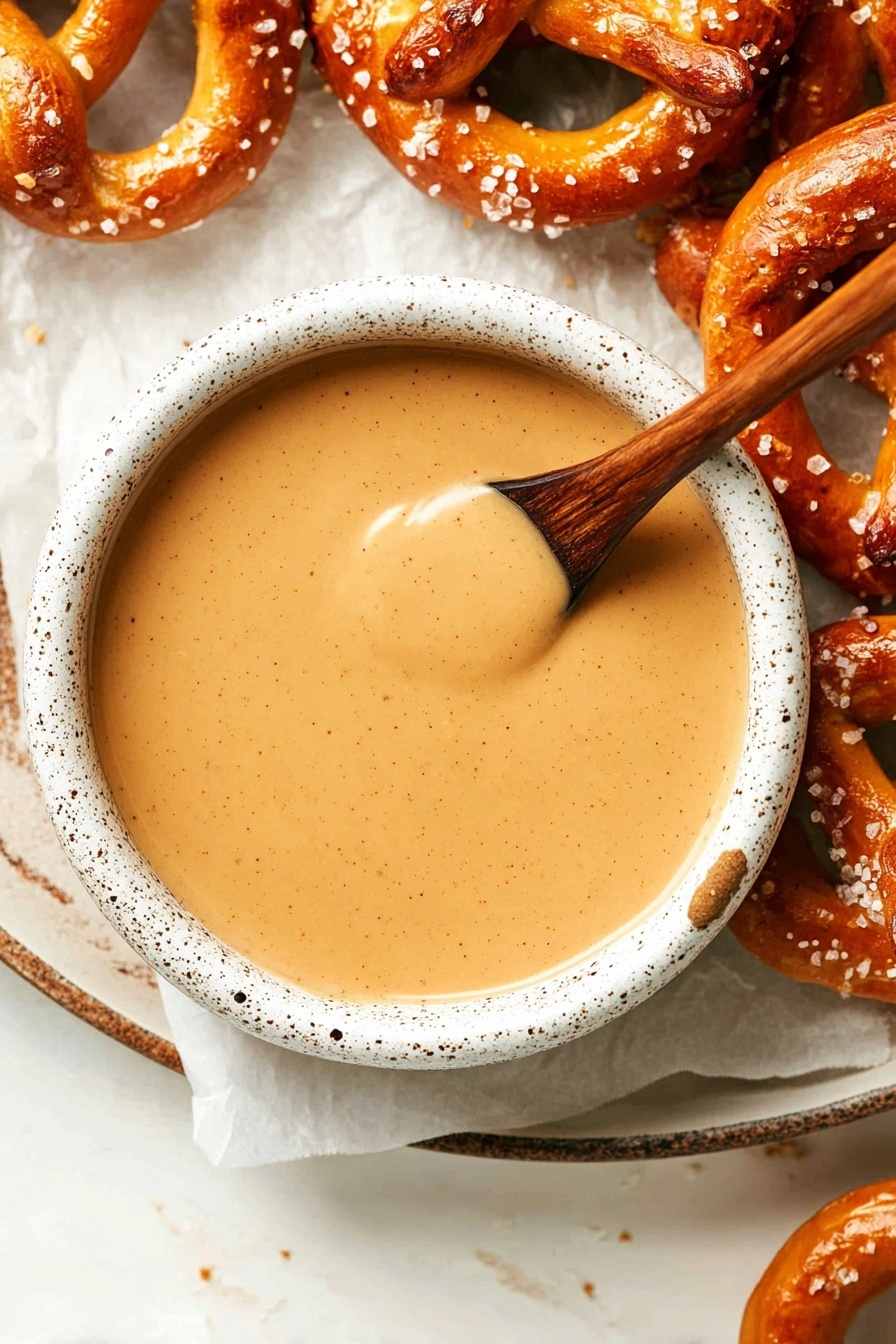 A close-up top view of a white speckled bowl filled with smooth, light brown creamy sauce, with a wooden spoon resting inside the bowl, placed on a white marbled surface lined with white parchment paper. Surrounding the bowl are golden brown soft pretzels sprinkled with coarse salt, their twisted shapes partially visible at the edges of the image. Photo taken with an iphone --ar 2:3 --v 7 - Cheesy Beer Dip, cheesy beer dip ingredients, easy beer cheese dip, creamy beer dip recipe, party dip with beer