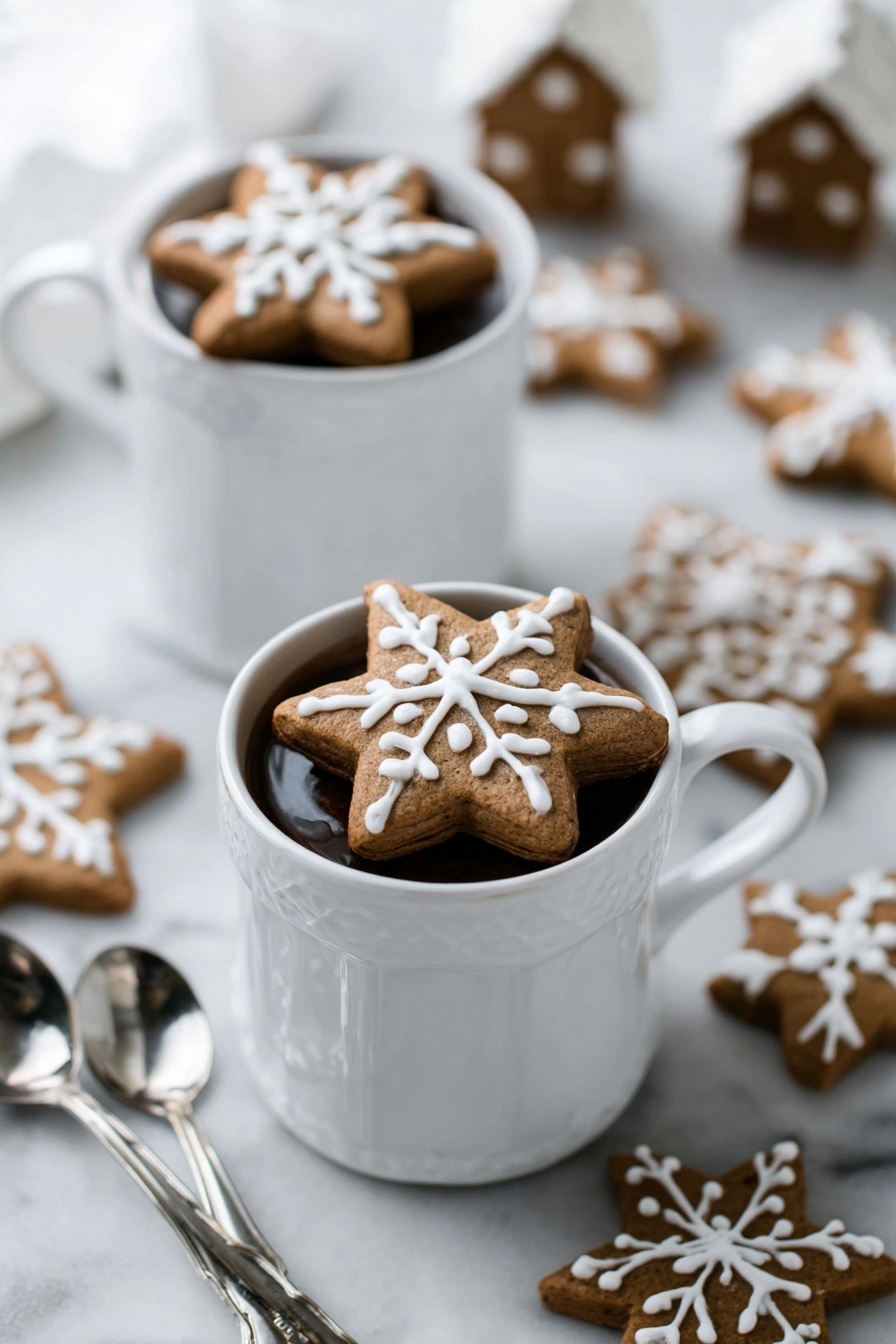 Two white mugs filled with a dark drink are shown on a white marbled surface; each mug has a star-shaped gingerbread cookie on top decorated with white icing in a snowflake design. The mugs are close to each other, with one slightly in front and the other behind and blurred. Around the mugs, there are more gingerbread cookies in star and other shapes, some decorated with white icing. Two shiny silver spoons lie on the left side near the mugs. The background is softly blurred with some gingerbread houses visible. photo taken with an iphone --ar 2:3 --v 7 - Gingerbread Latte, cozy coffee drinks, holiday coffee recipes, homemade gingerbread syrup, festive winter beverages